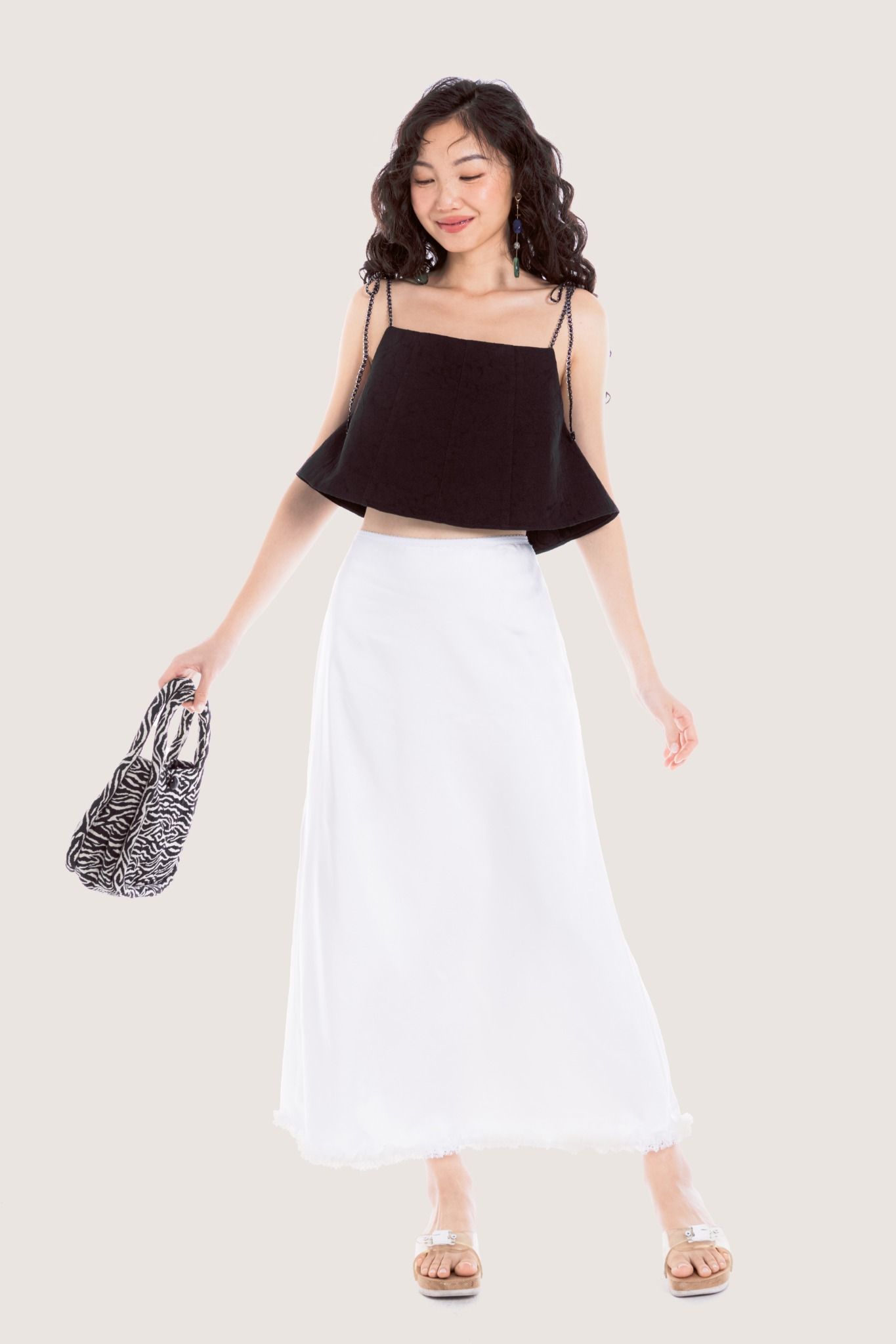  White Lace Hem Silk Midi Skirt 