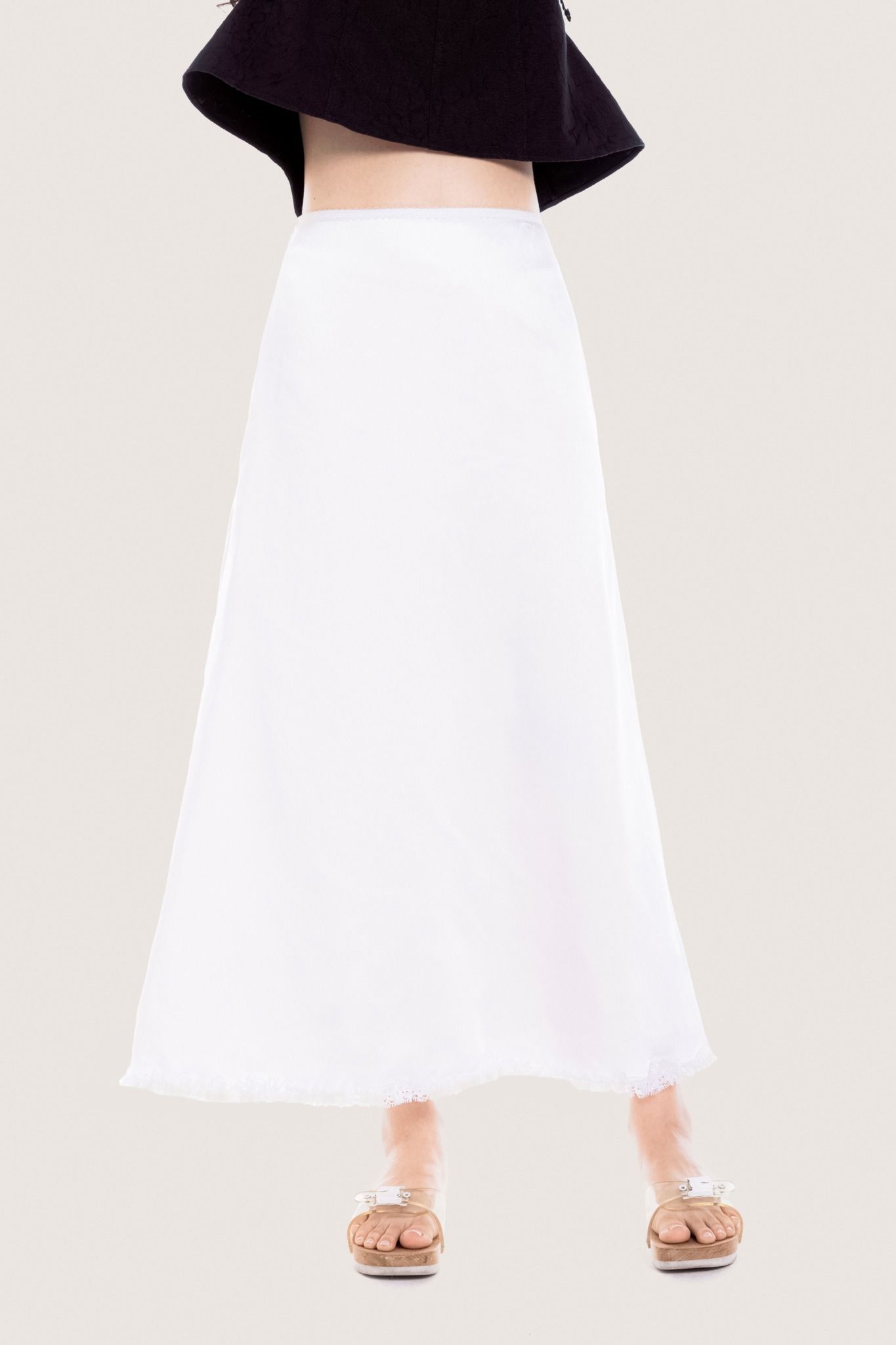  White Lace Hem Silk Midi Skirt 