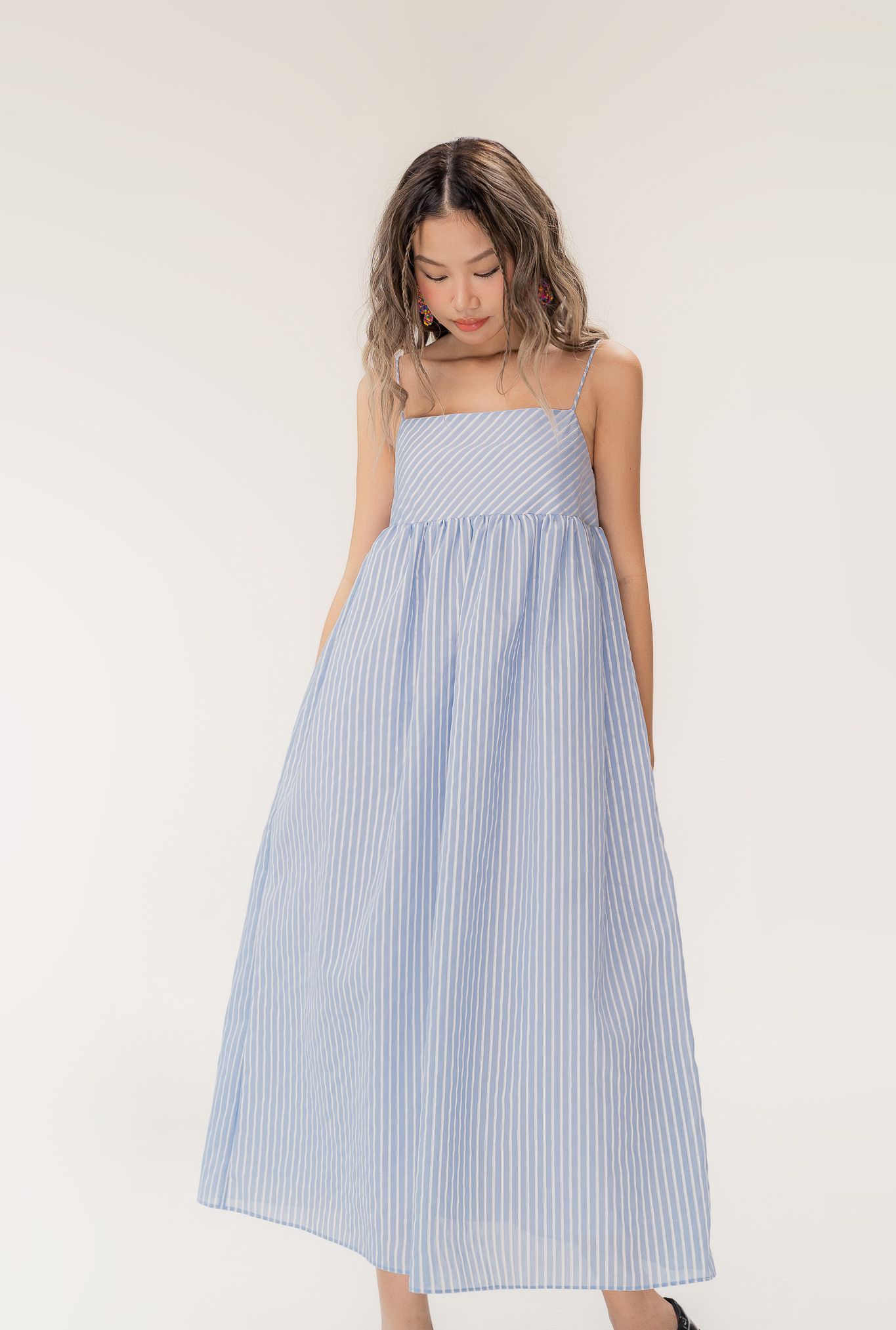  Striped Strappy Texture Midi Dress 