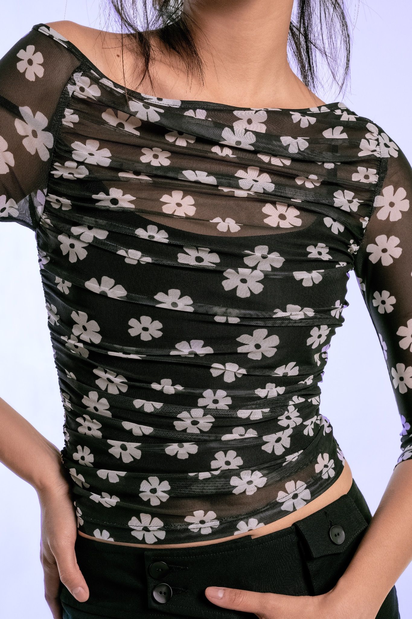 Floral One Shoulder Mesh Top