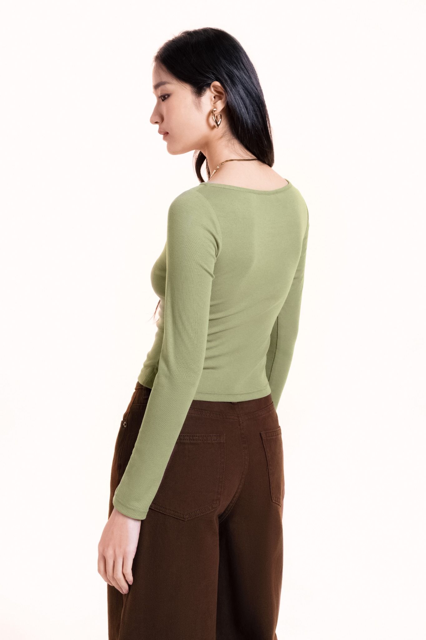  Olive Green Fitted Long Sleeve Top 