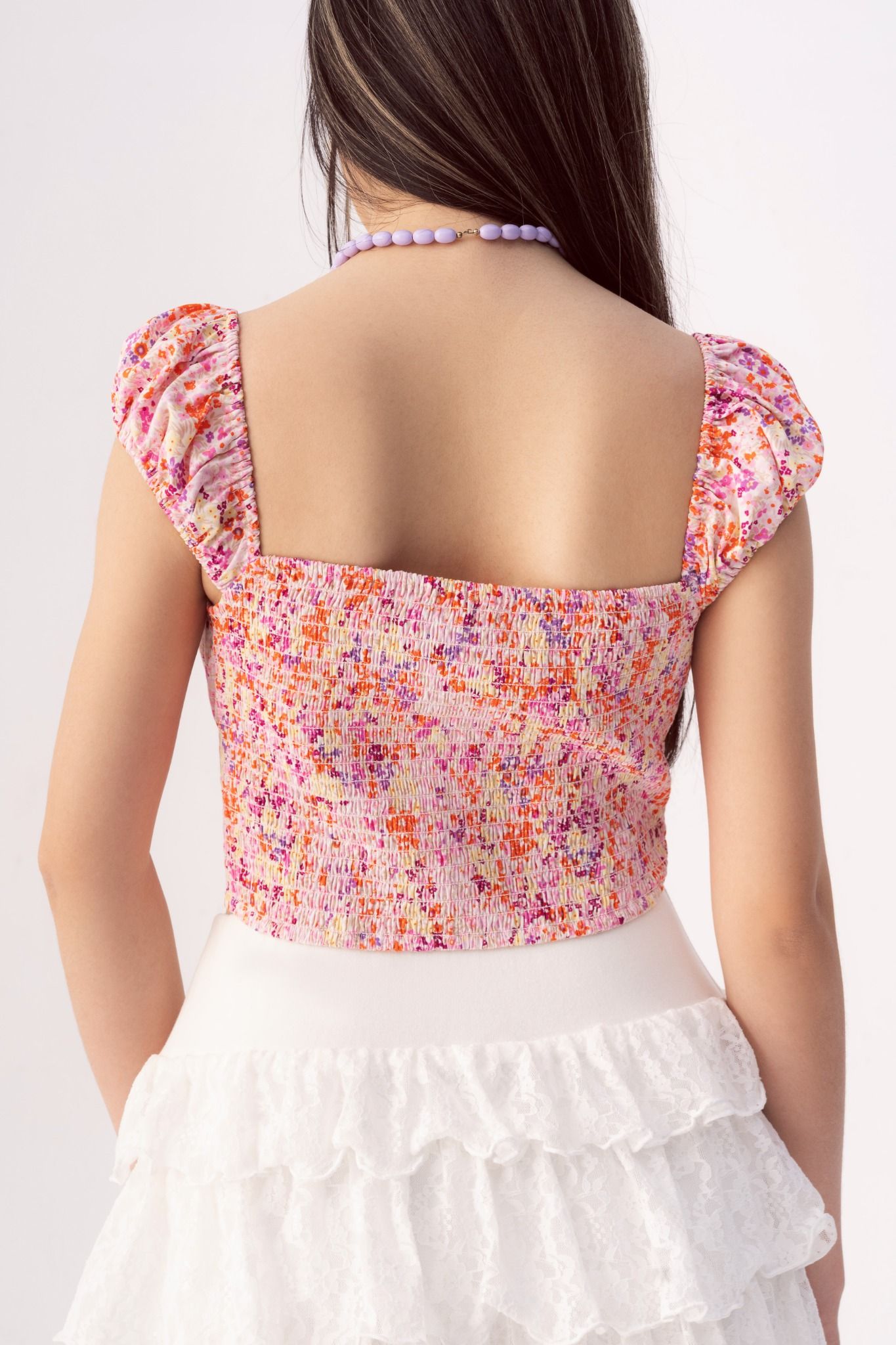  Floral Scoop Neck Drawstring Top 