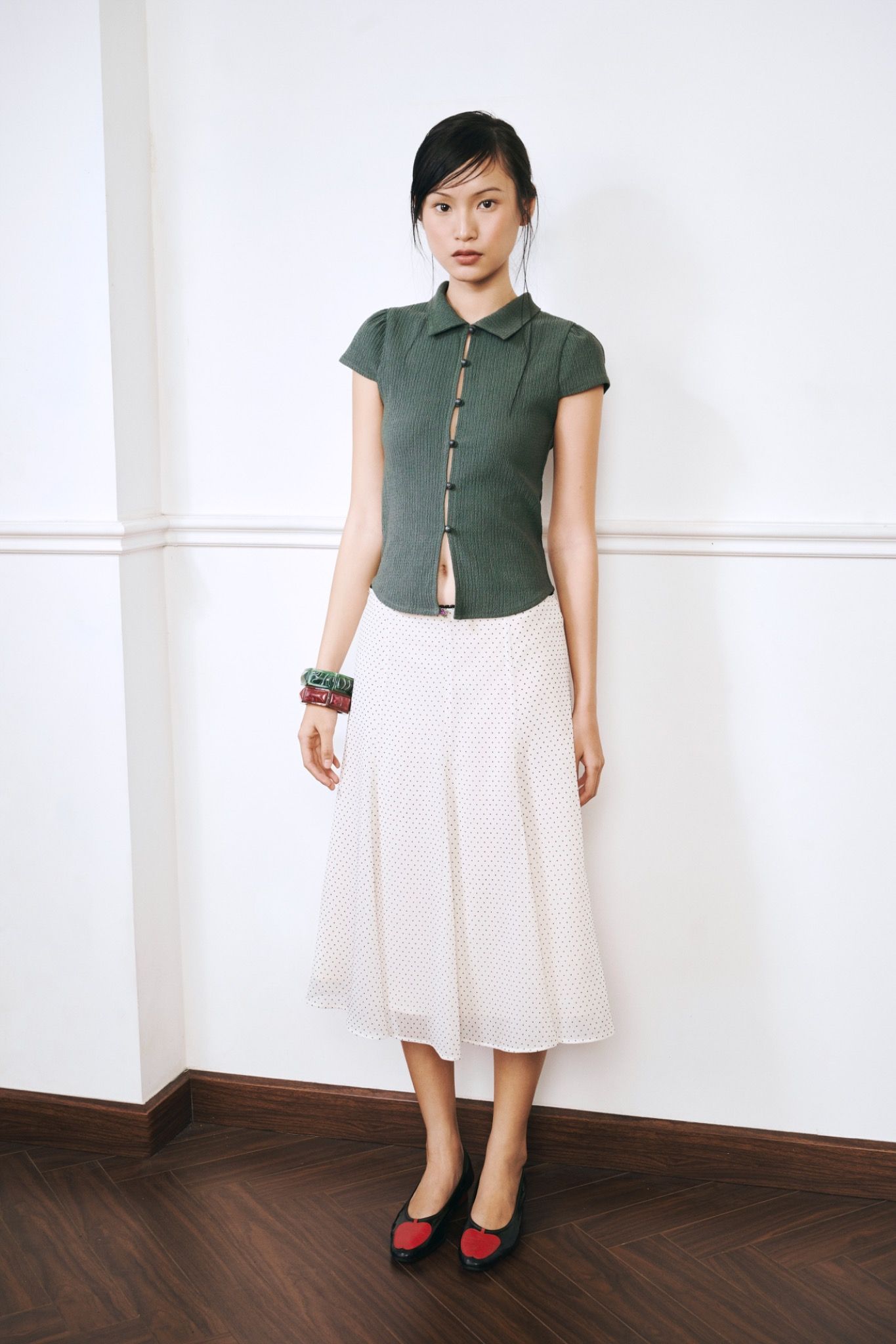 Dark Green Button-up Short Sleeve Top