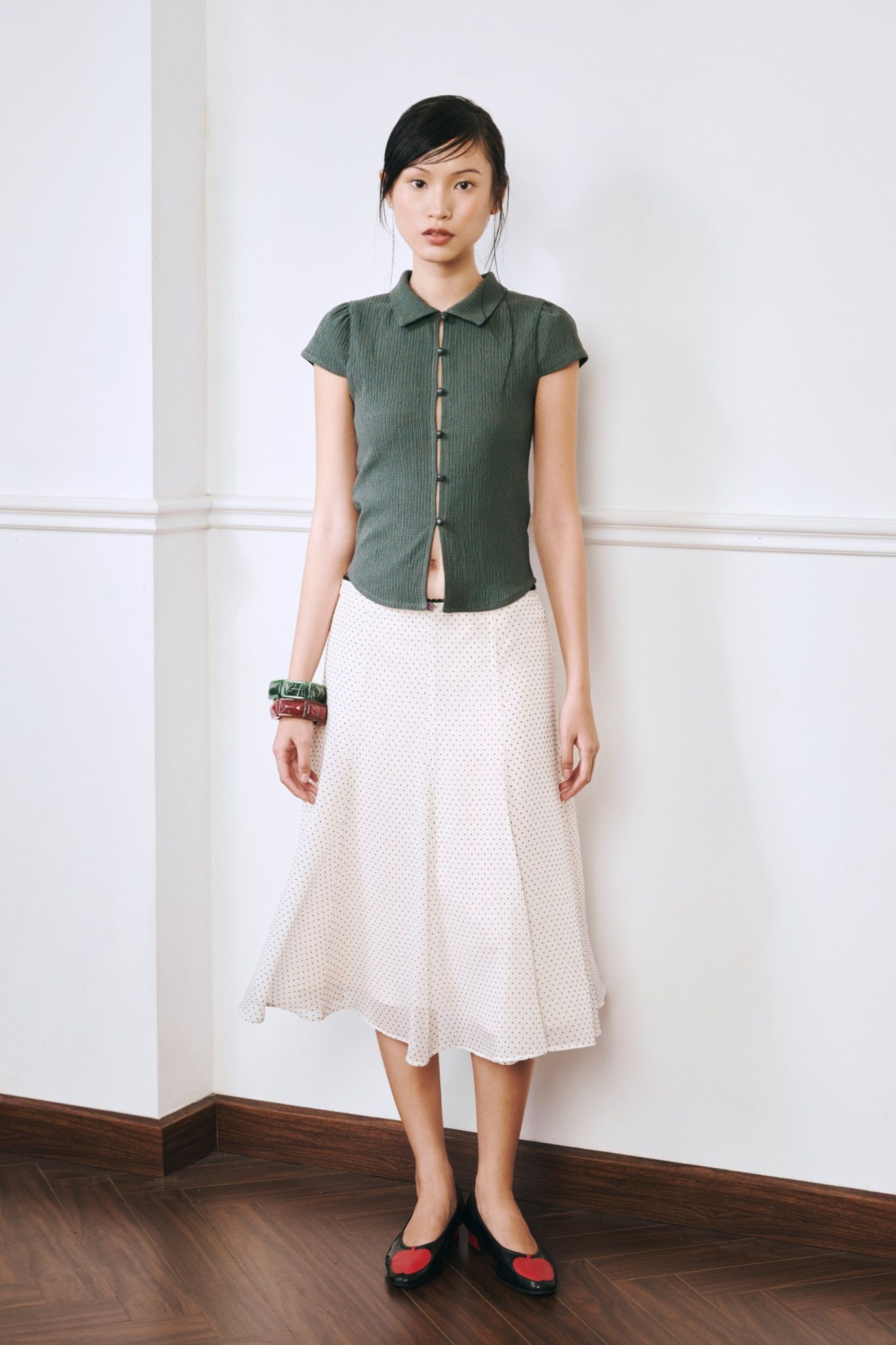 Dark Green Button-up Short Sleeve Top