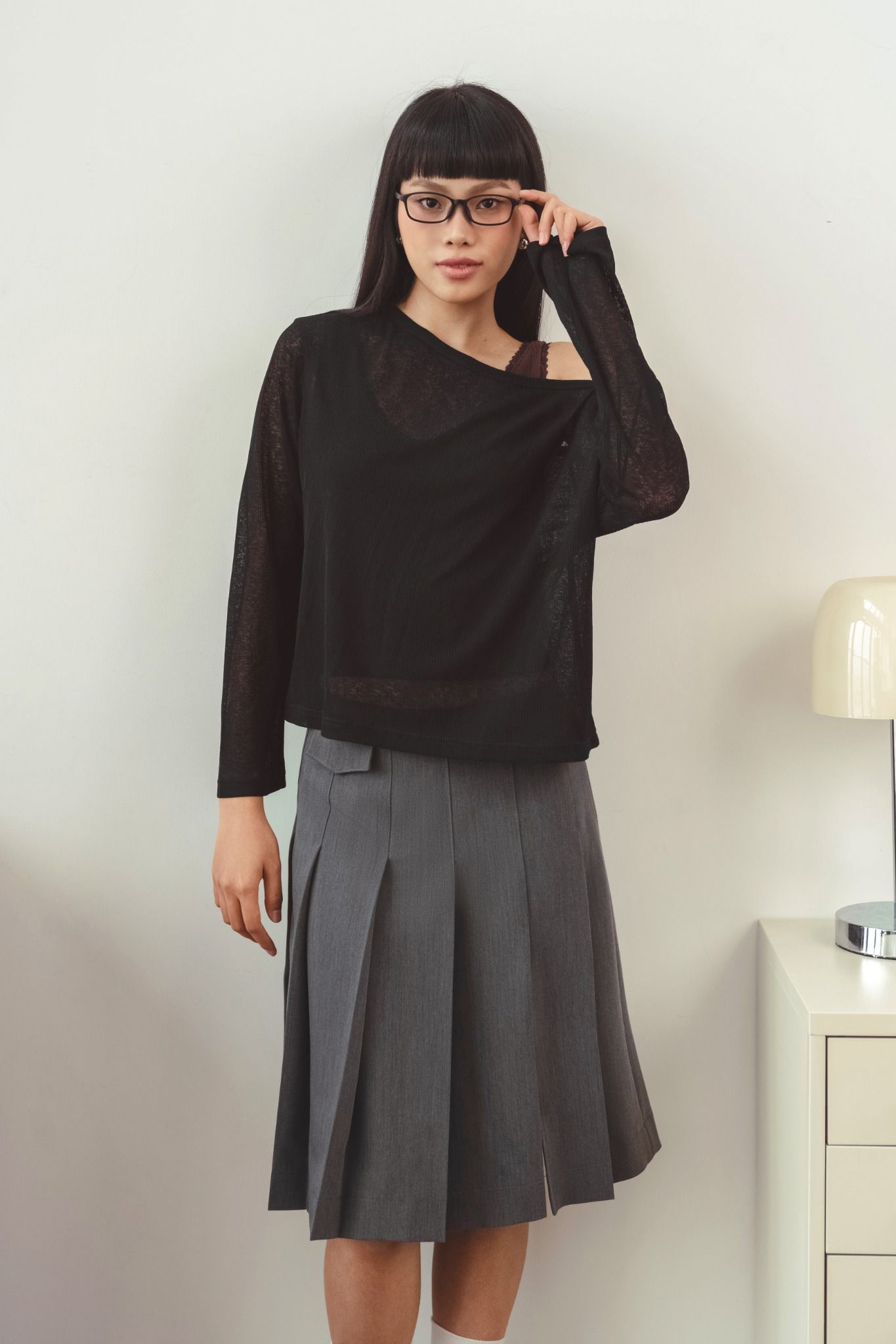  Grey Pleated Side Slit Mid-Length Skirt 