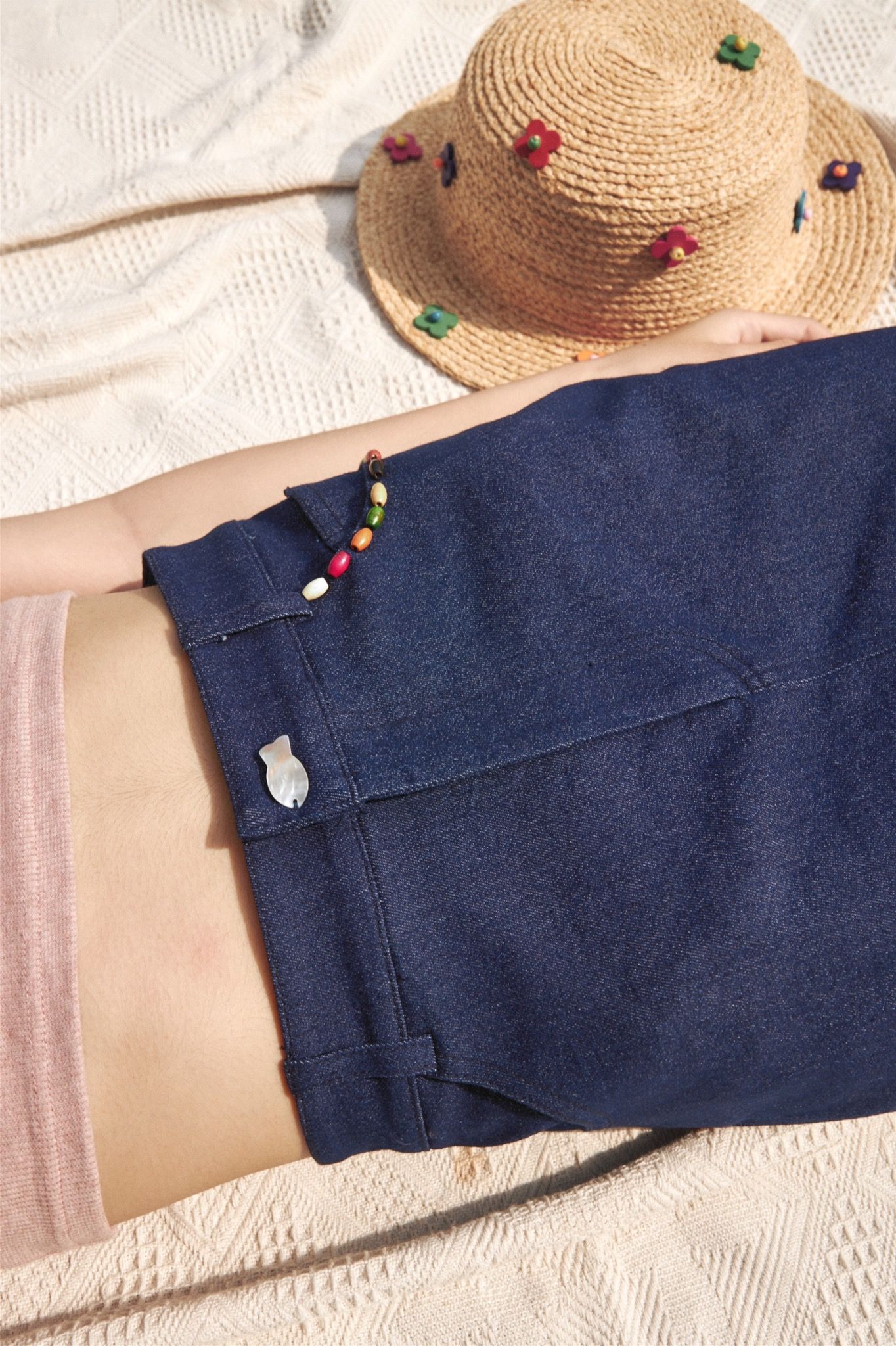 Denim Mini Skirt With Wooden Beats