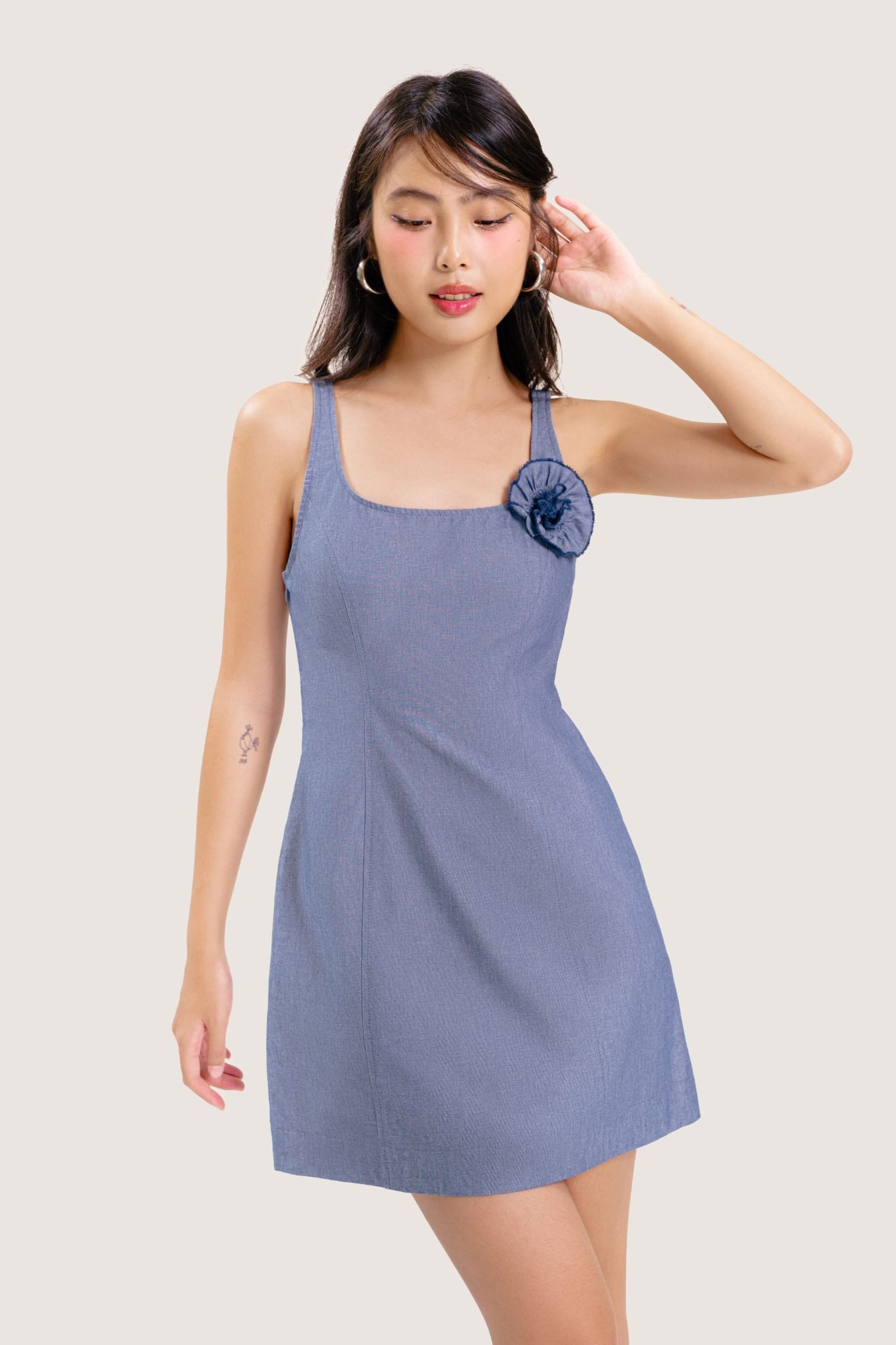  Blue Strappy Flower Embellished Chambray Mini Dress 