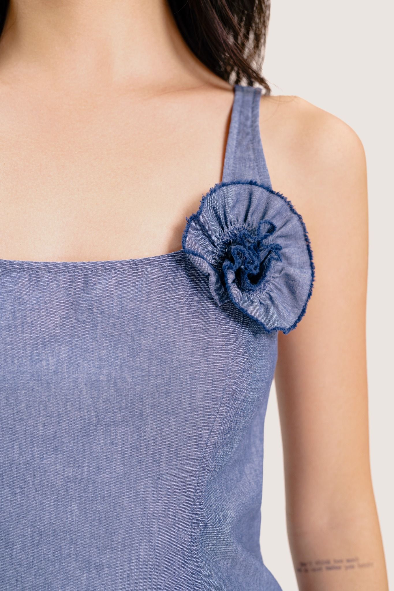  Blue Strappy Flower Embellished Chambray Mini Dress 