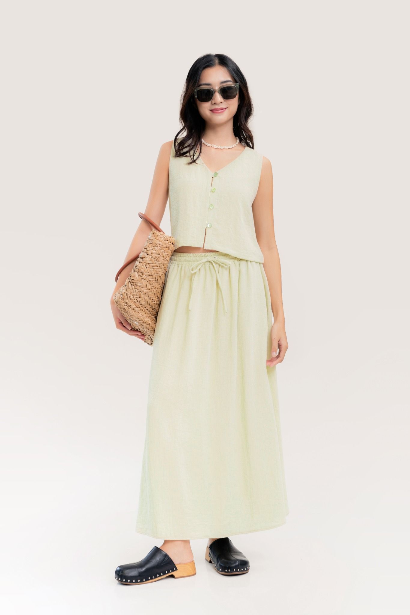  Light Green Linen Maxi Skirt 