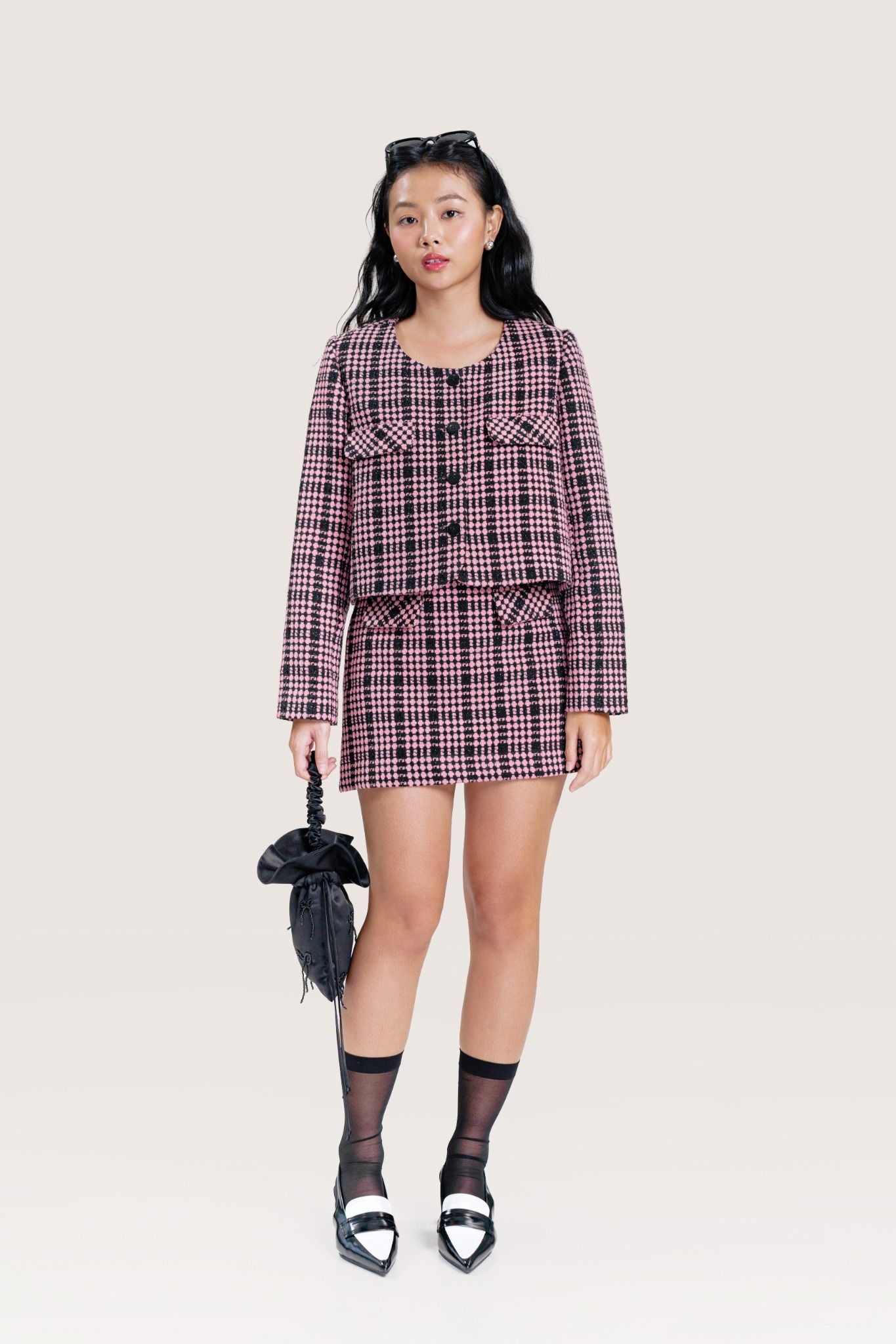  Pink Round Neckline Plaid Tweed Jacket 