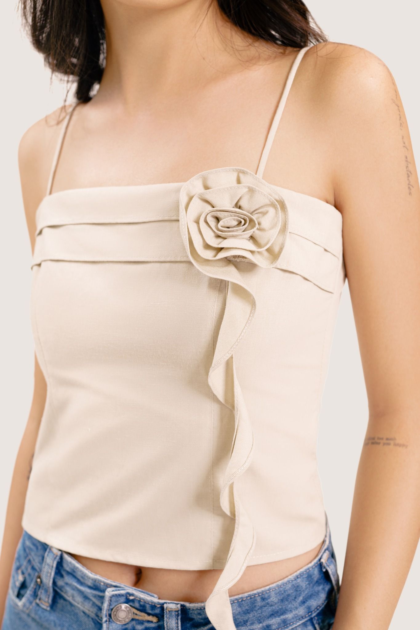  Beige Flower Embellished Linen Cami Top 