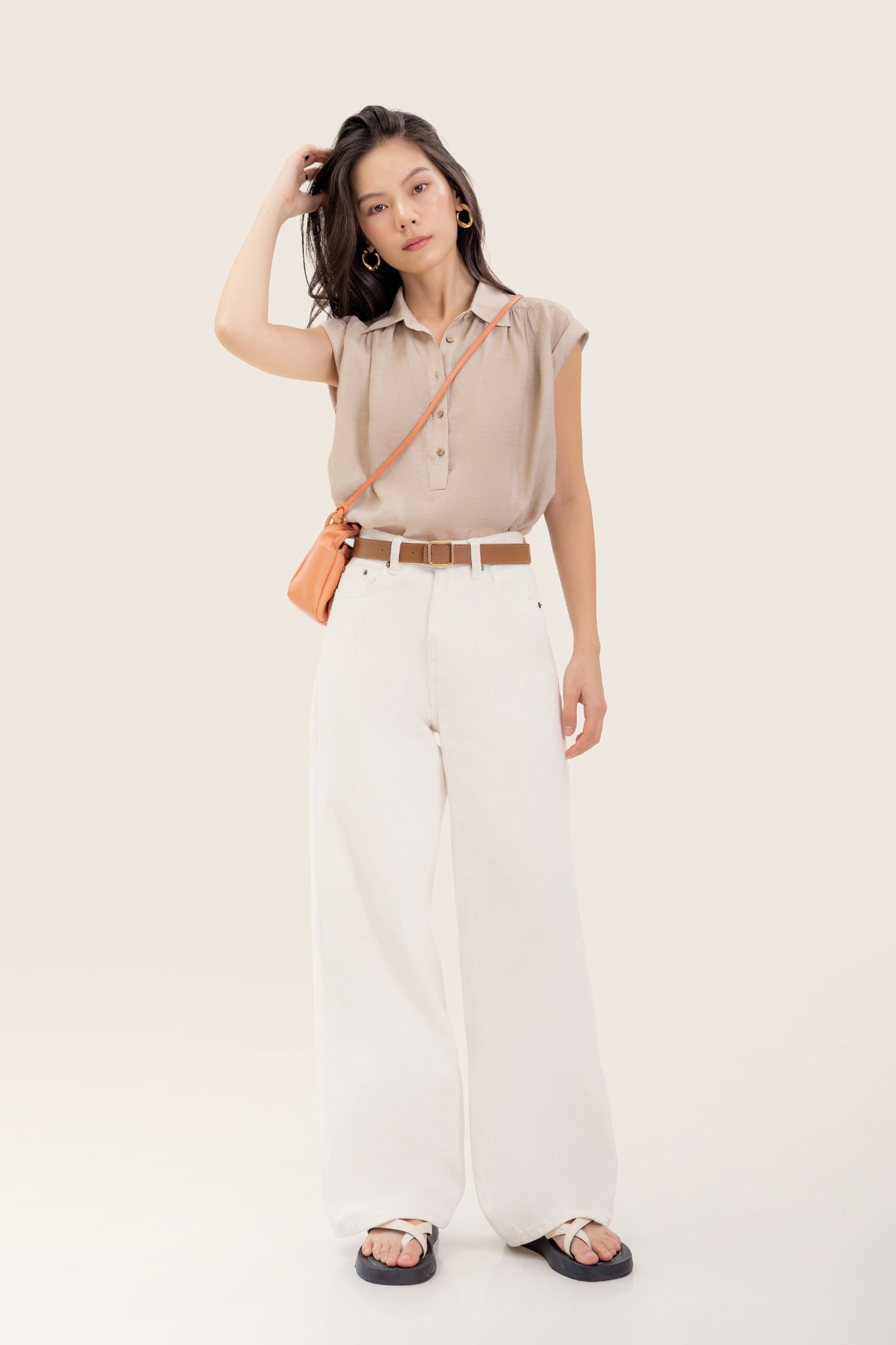  Beige Half Button Up Sleeveless Blouse 