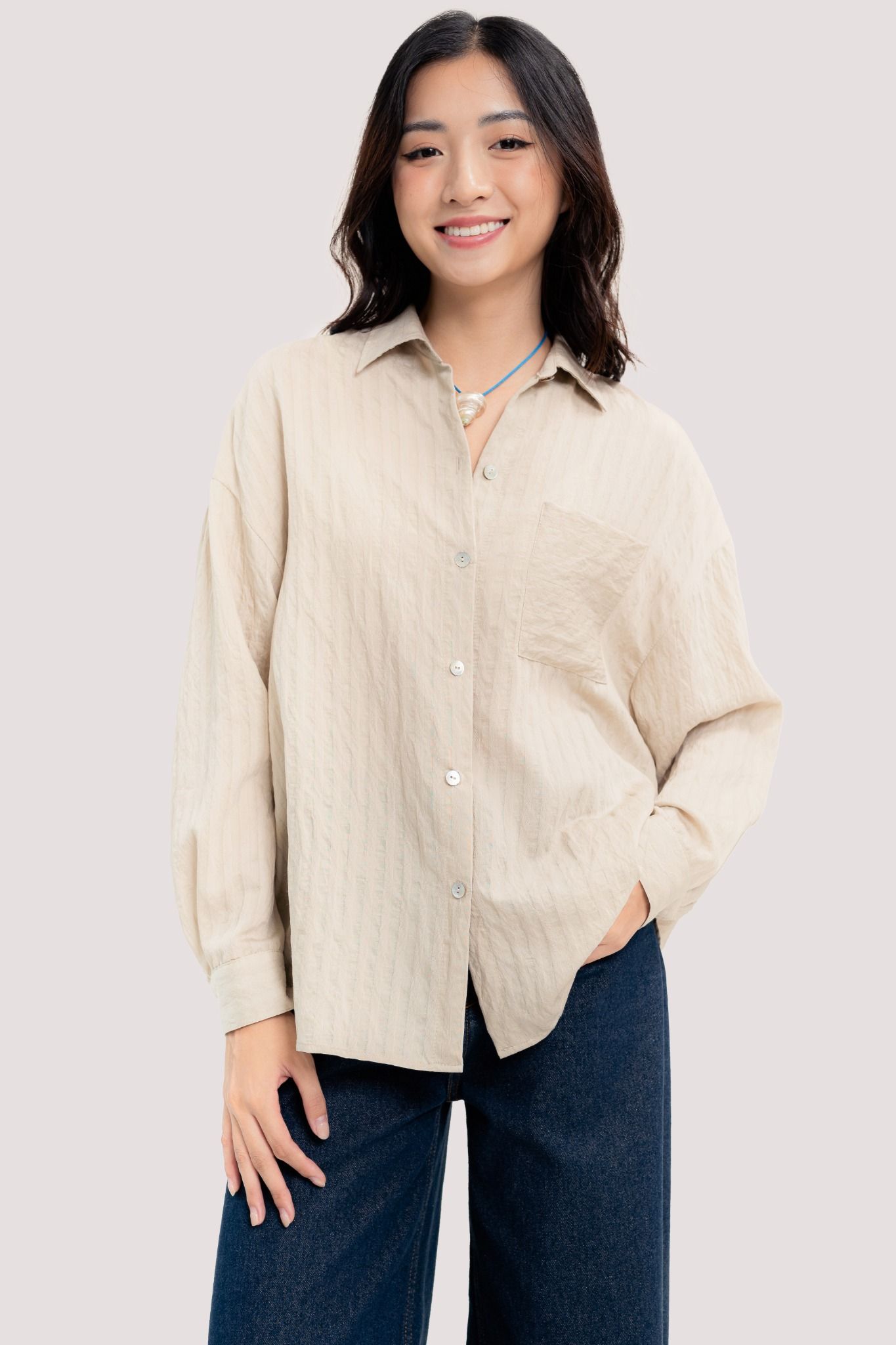  Beige Striped Pattern Oversized Shirt 