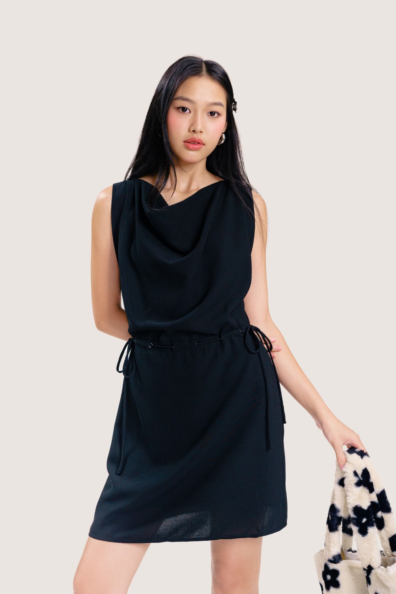  Black Cowl Neck Bow Tie Sides Mini Dress 