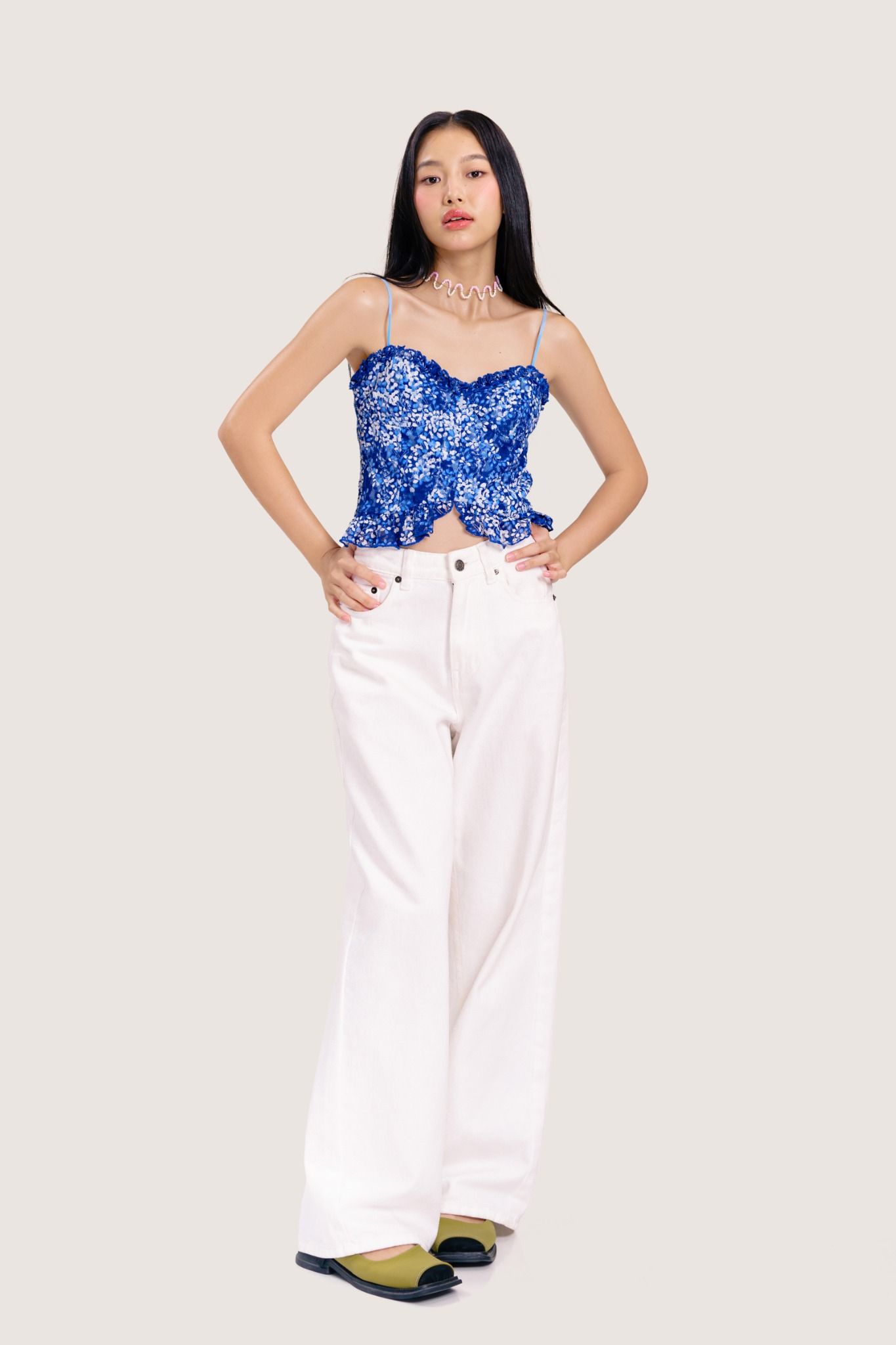  Blue Floral Embroidered Lace Cami Top 