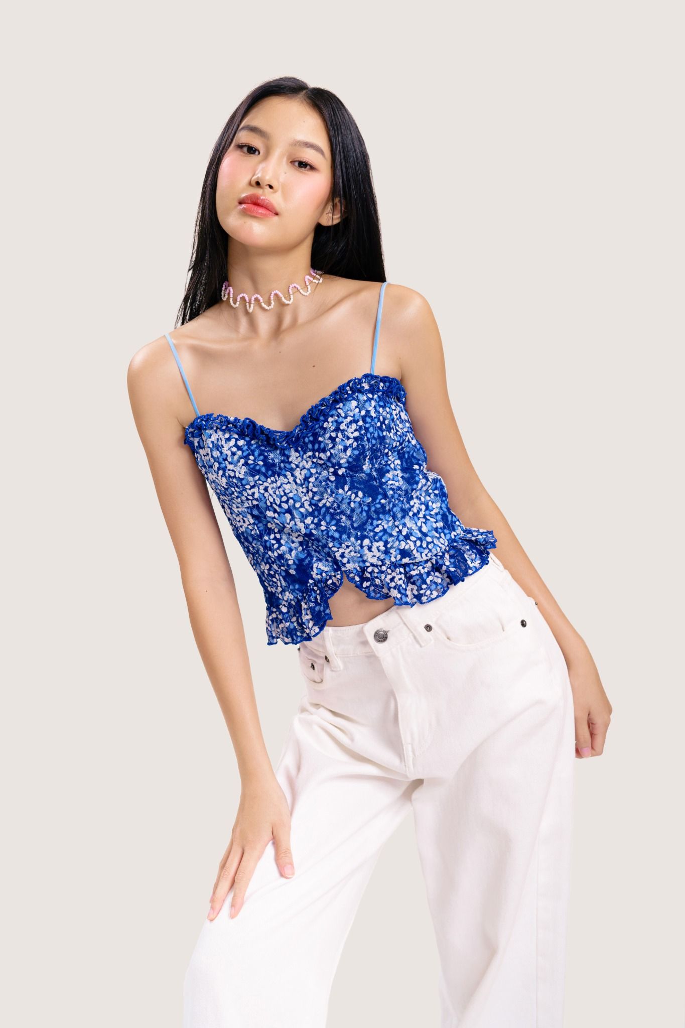  Blue Floral Embroidered Lace Cami Top 