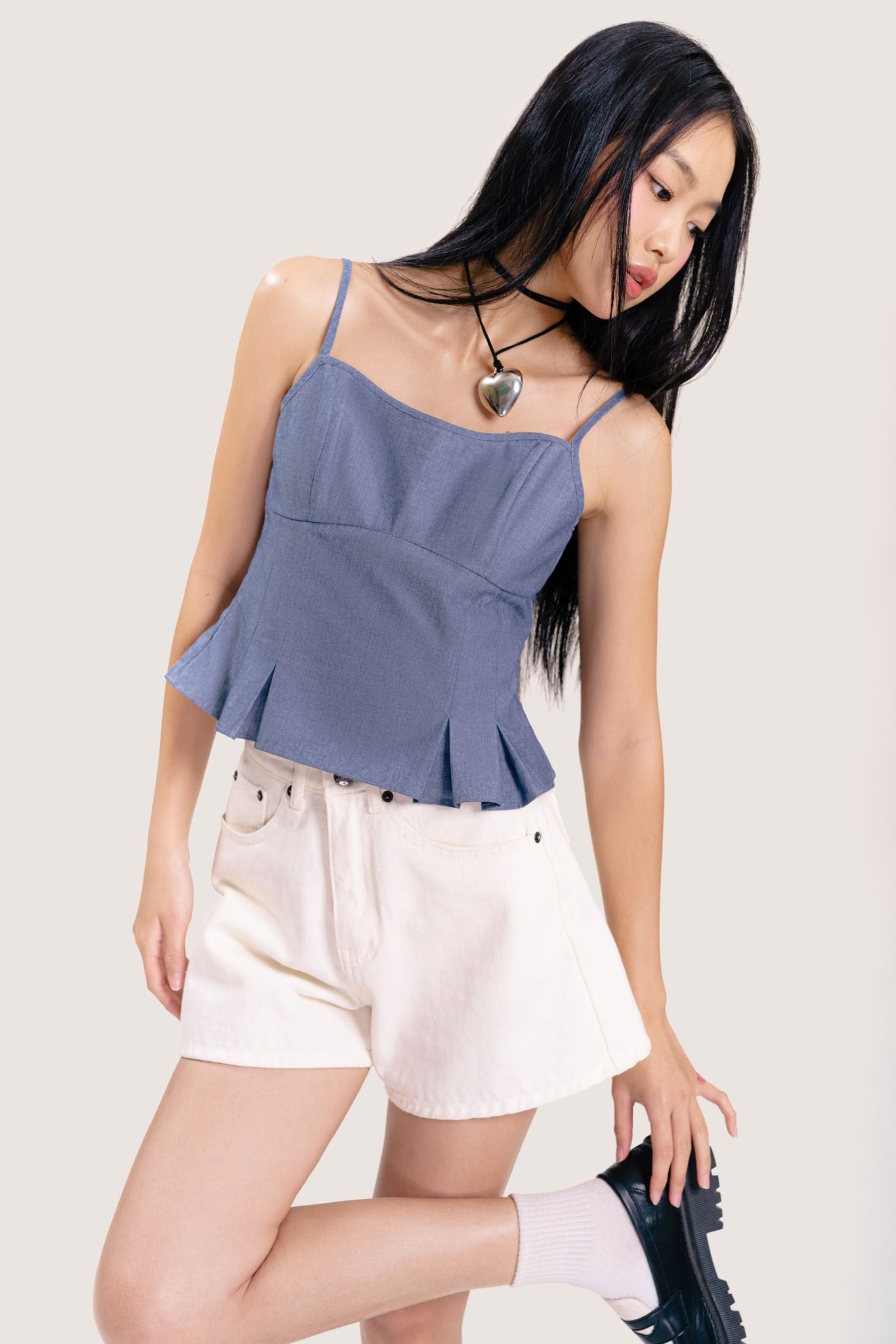  Blue Pleated Chambray Strappy Top 