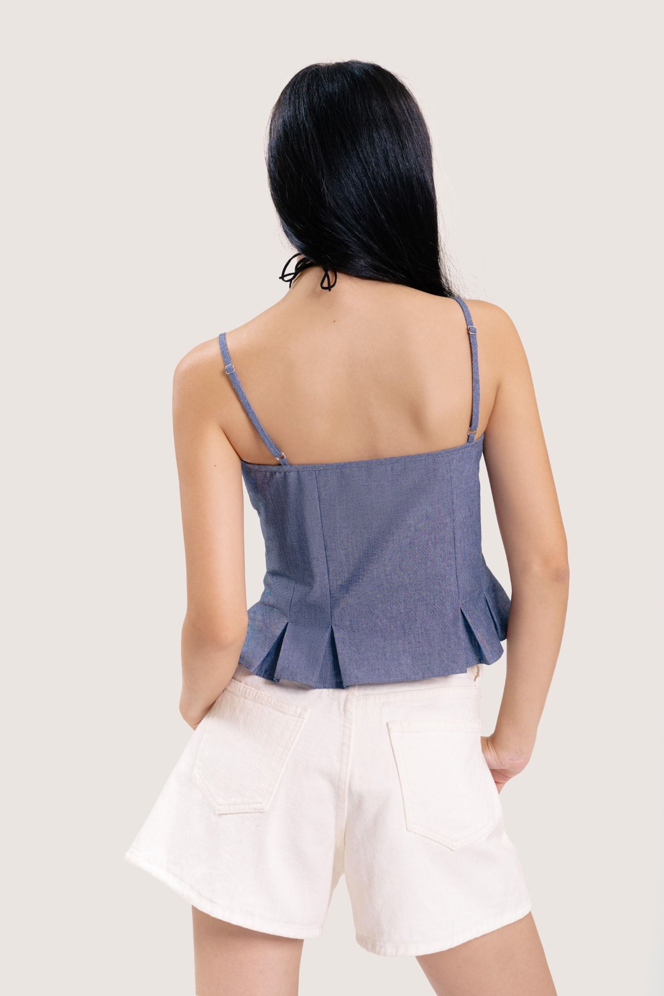  Blue Pleated Chambray Strappy Top 