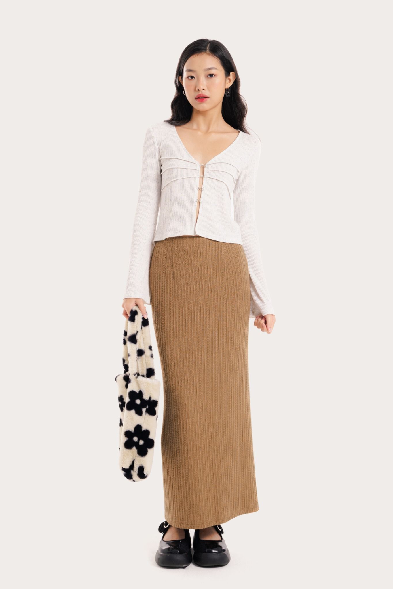 Corduroy Brown Fitted Pointelle Midi Skirt