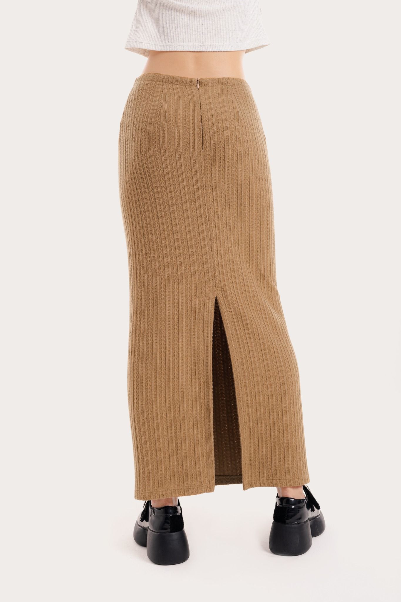 Corduroy Brown Fitted Pointelle Midi Skirt