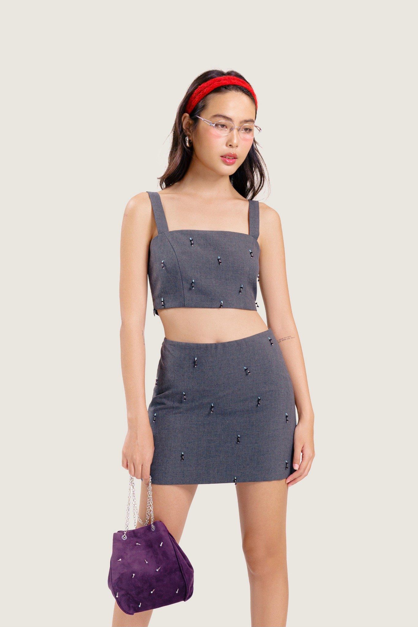 Dark Grey Beaded Cami Top