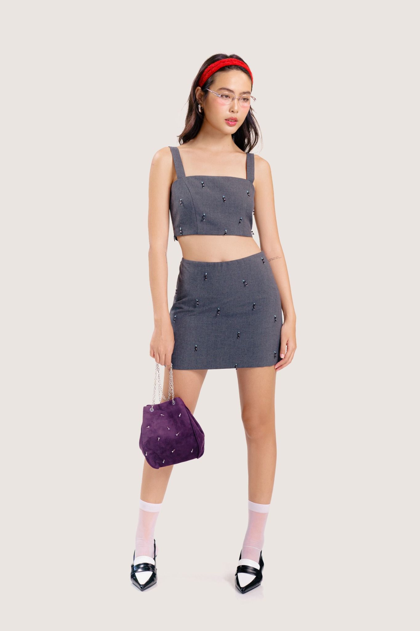 Dark Grey Beaded Mini Skirt