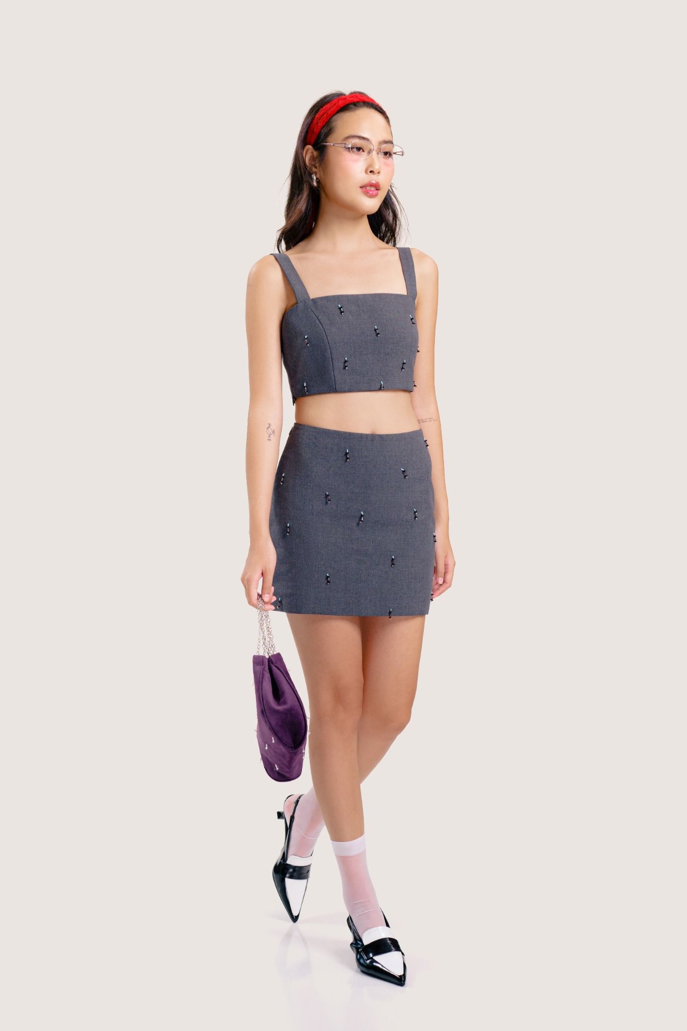 Dark Grey Beaded Mini Skirt