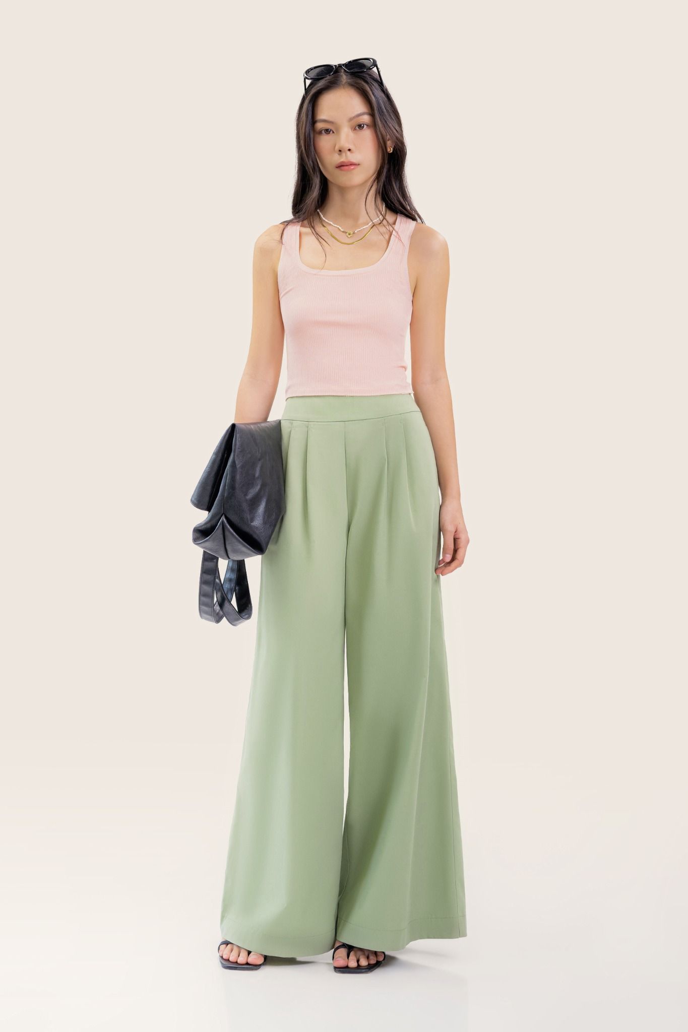  Green Pleated High Waisted Wide Leg Trousers 