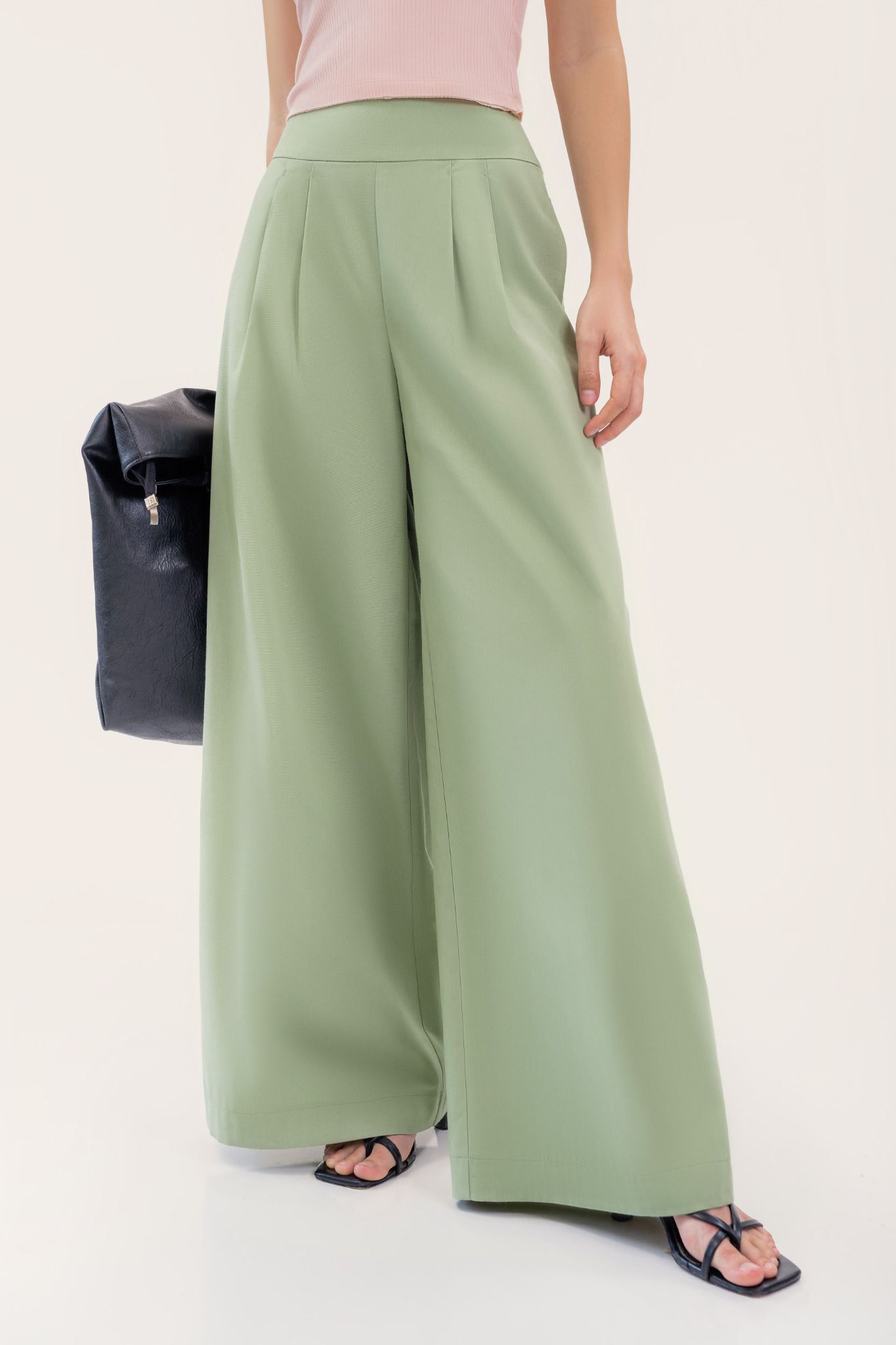  Green Pleated High Waisted Wide Leg Trousers 