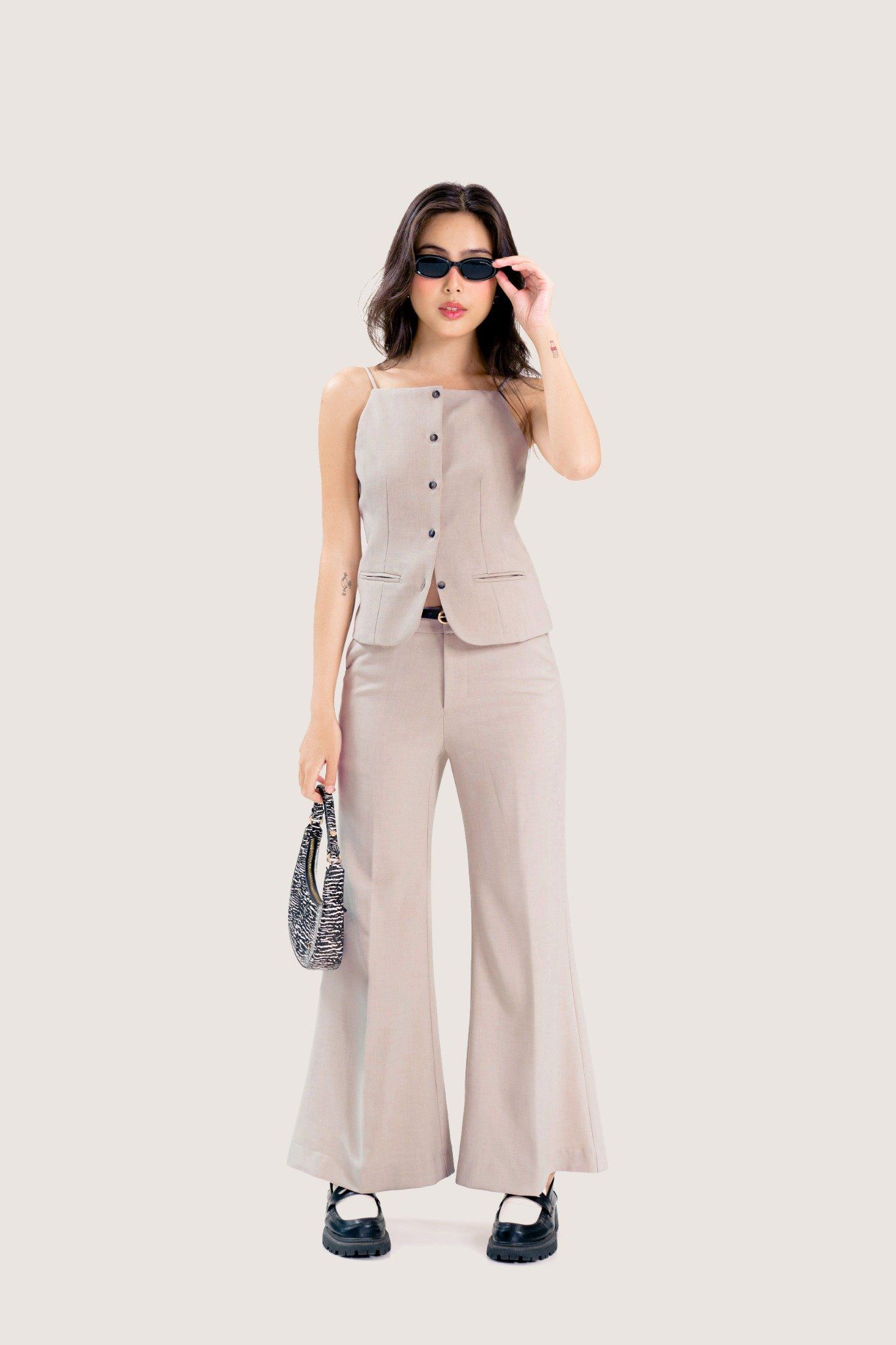 Grey Flared Medium Waist Trousers