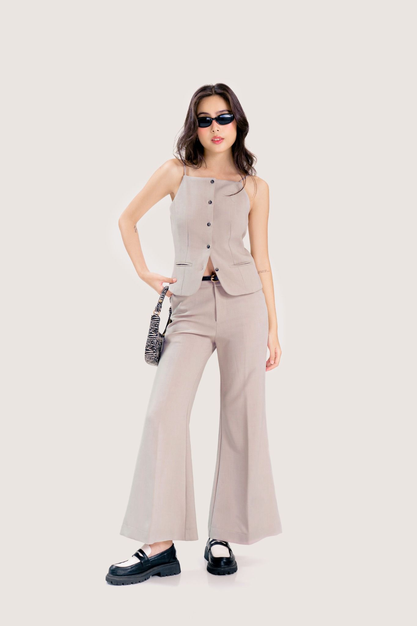 Grey Flared Medium Waist Trousers