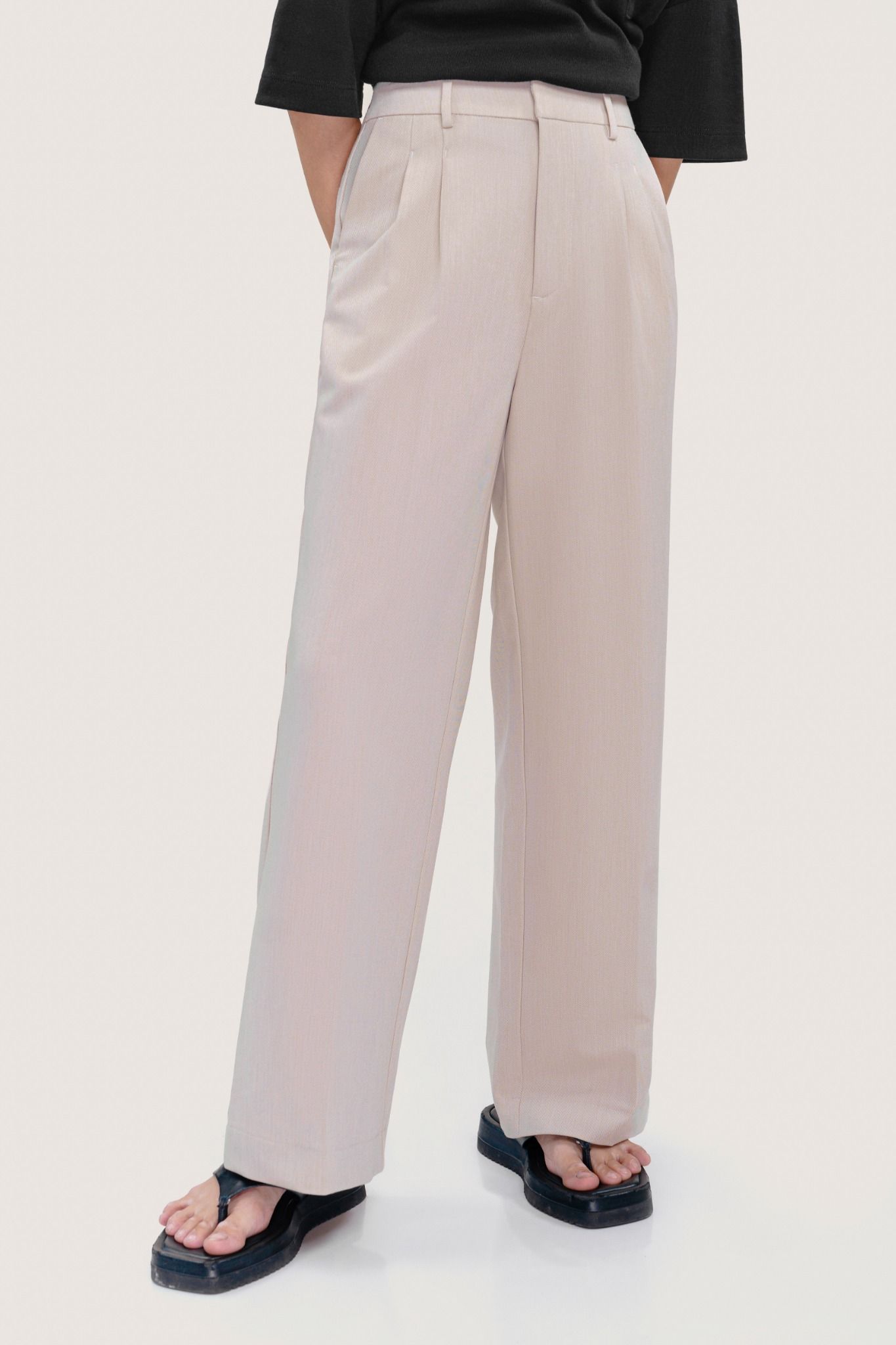  Heather Beige Pleated High-Waisted Trousers 