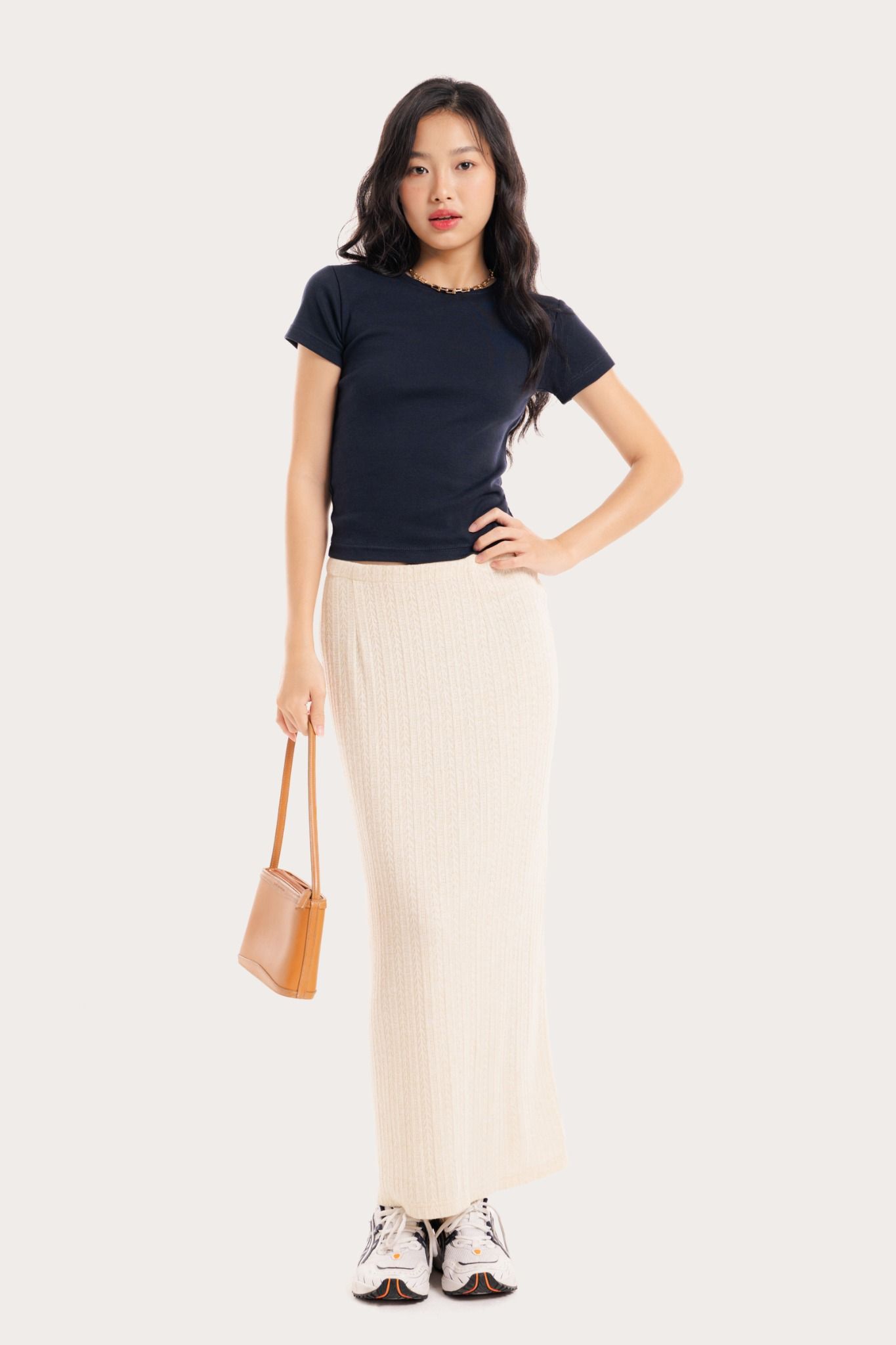  Ivory Fitted Pointelle Midi Skirt 