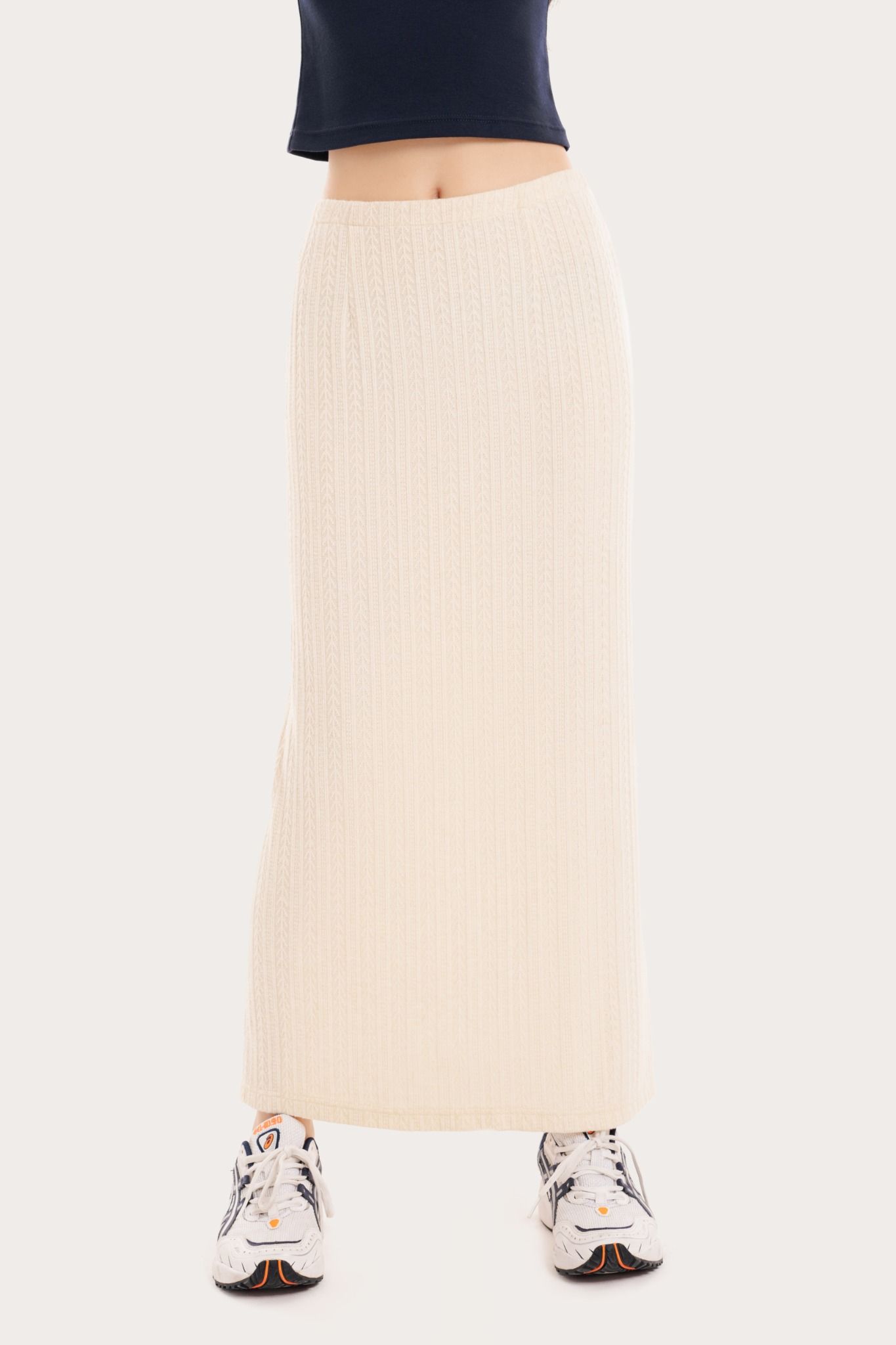  Ivory Fitted Pointelle Midi Skirt 