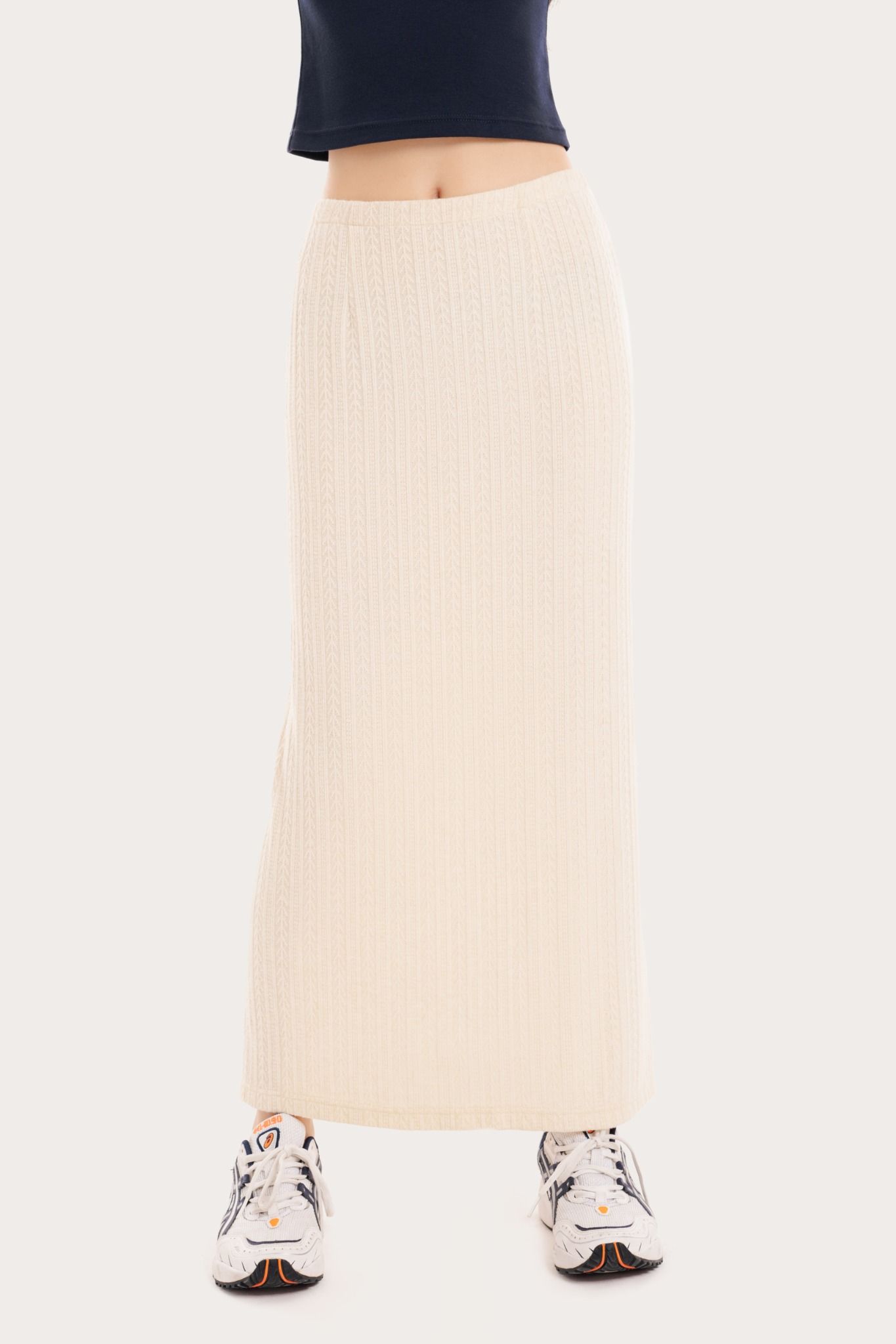 Ivory Fitted Pointelle Midi Skirt