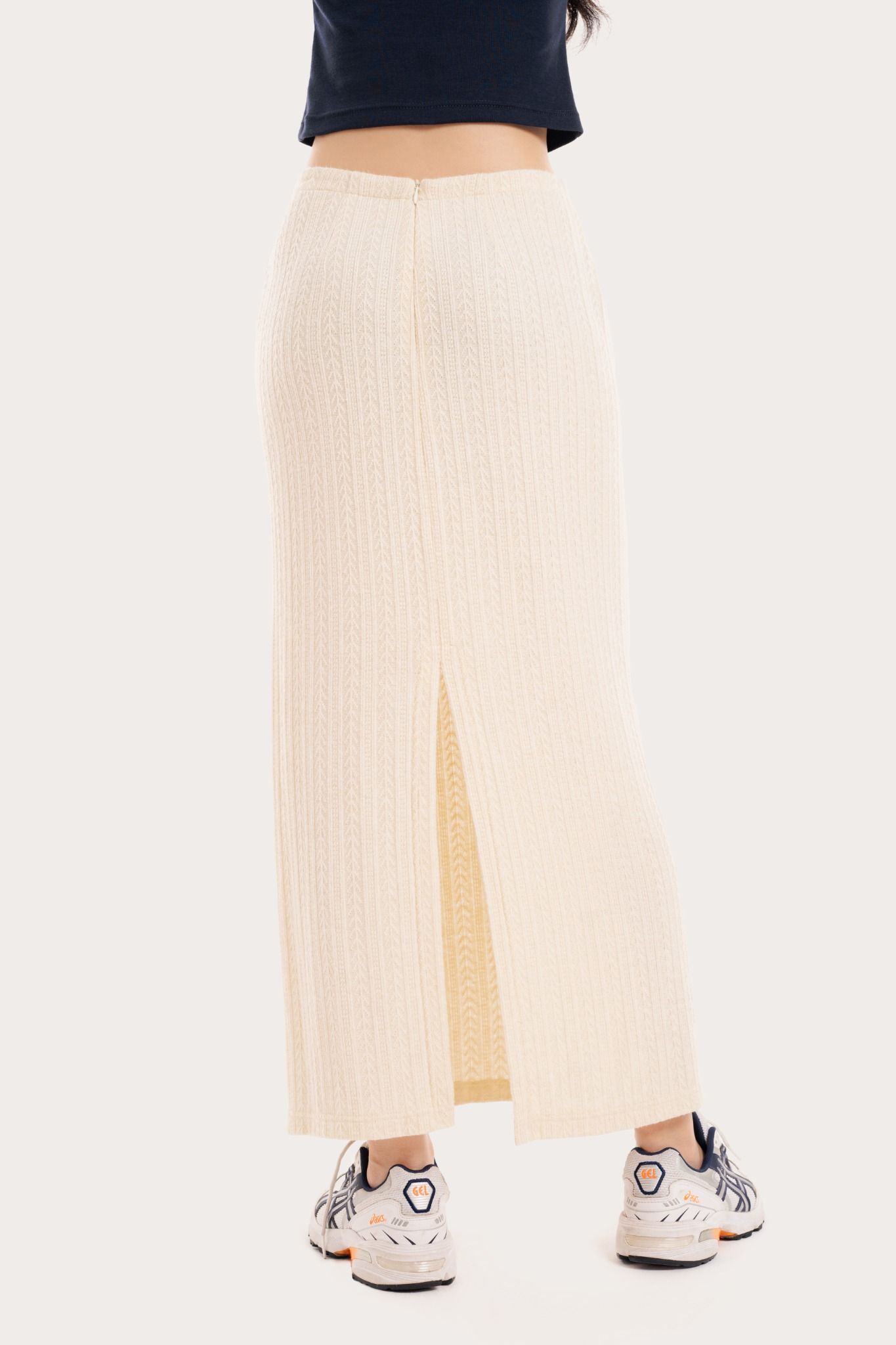 Ivory Fitted Pointelle Midi Skirt