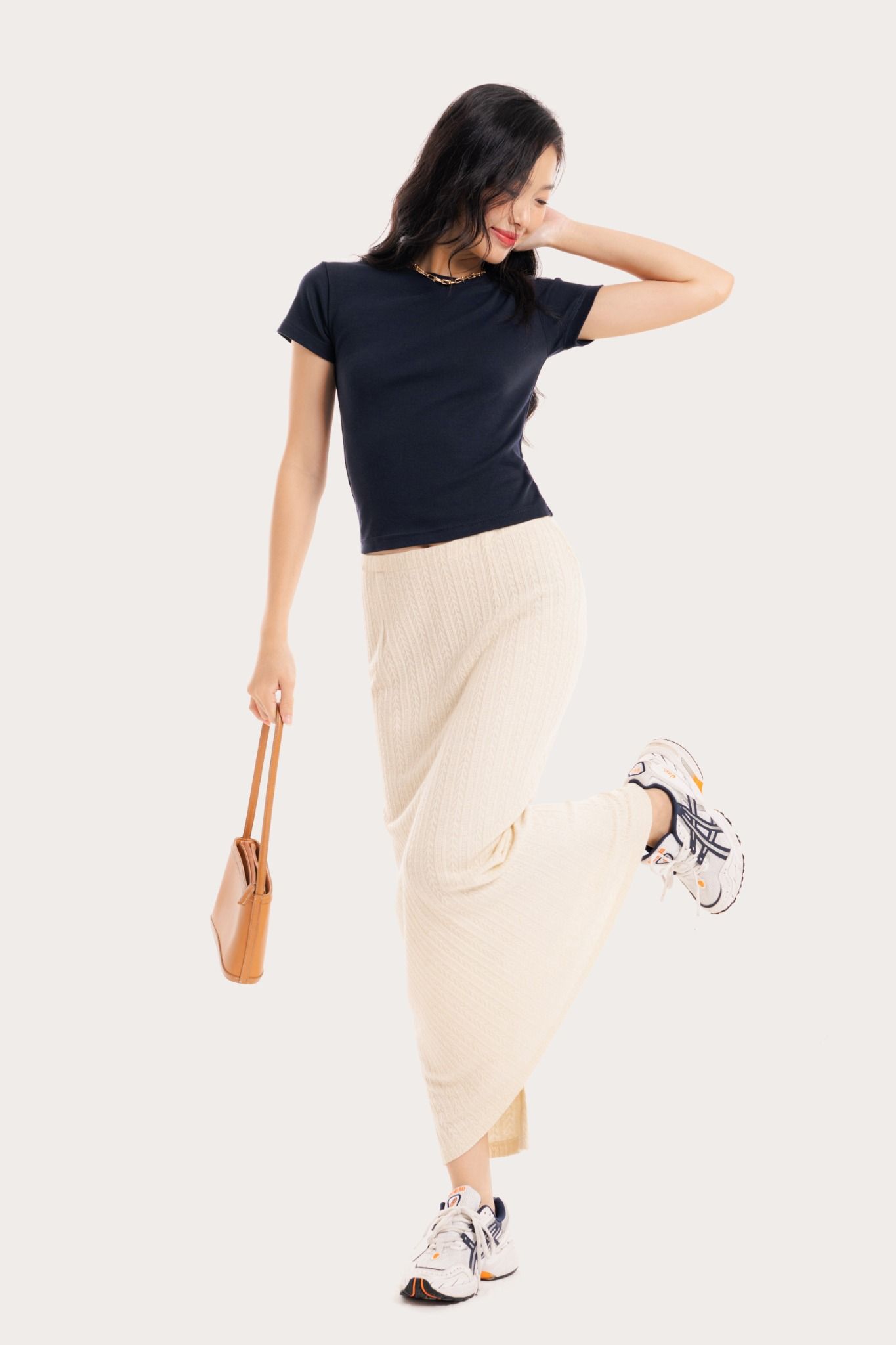 Ivory Fitted Pointelle Midi Skirt