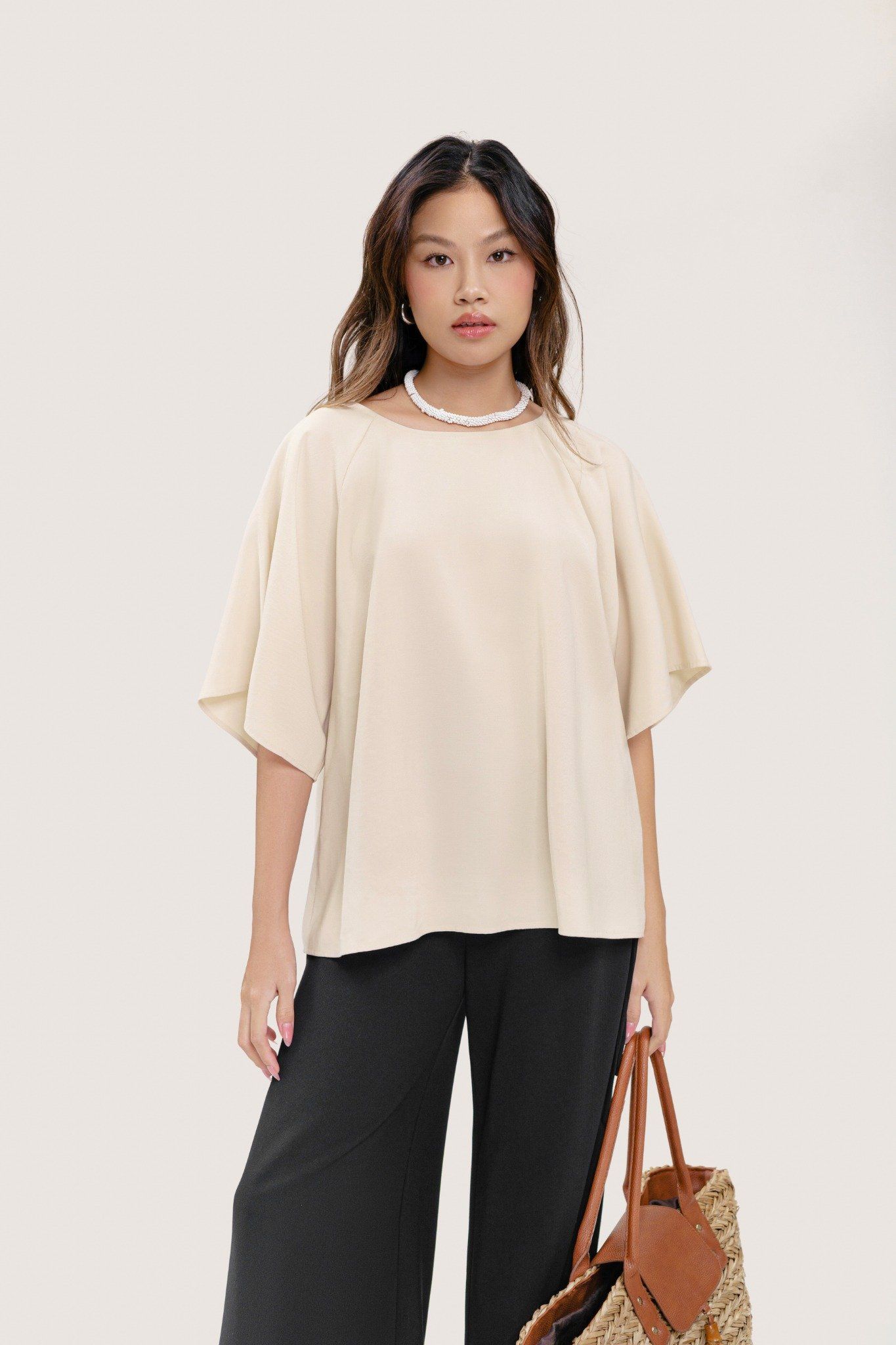  Ivory Round Neck Relaxed Fit Blouse 