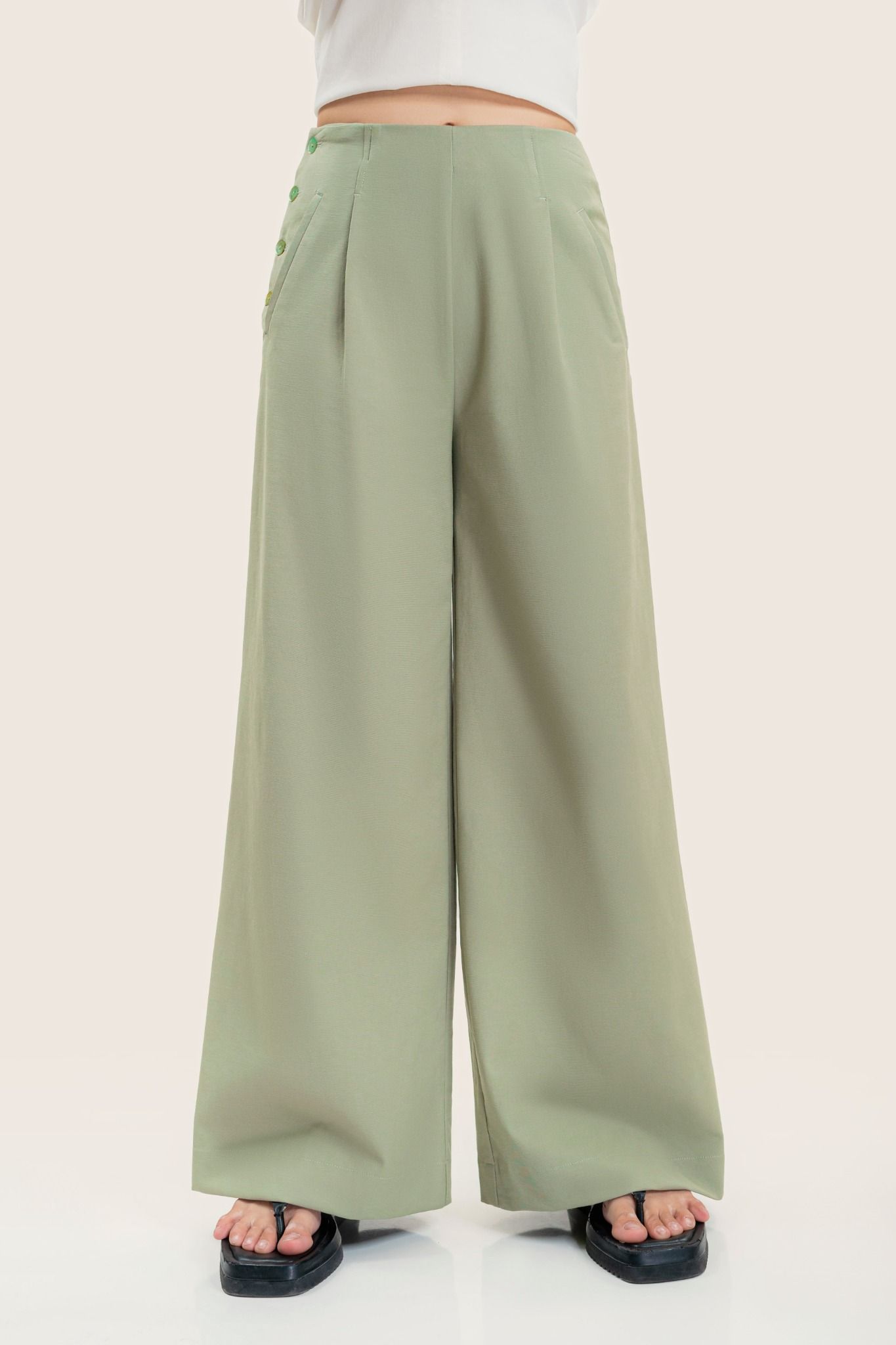  Mint Side Buttons Straight Leg Trousers 