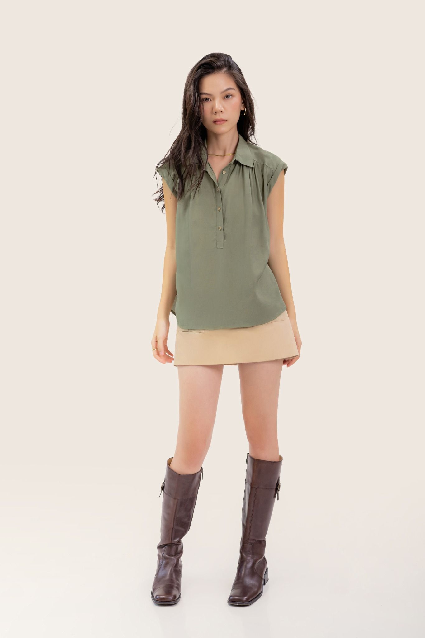  Mossy Green Half Button Up Sleeveless Blouse 