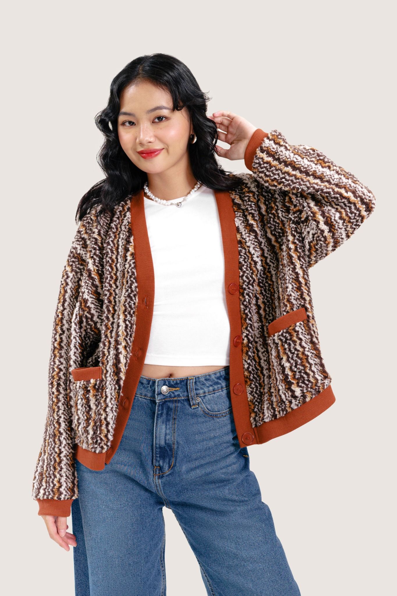  Multi Brown Faux Fur Cardigan Sweater 