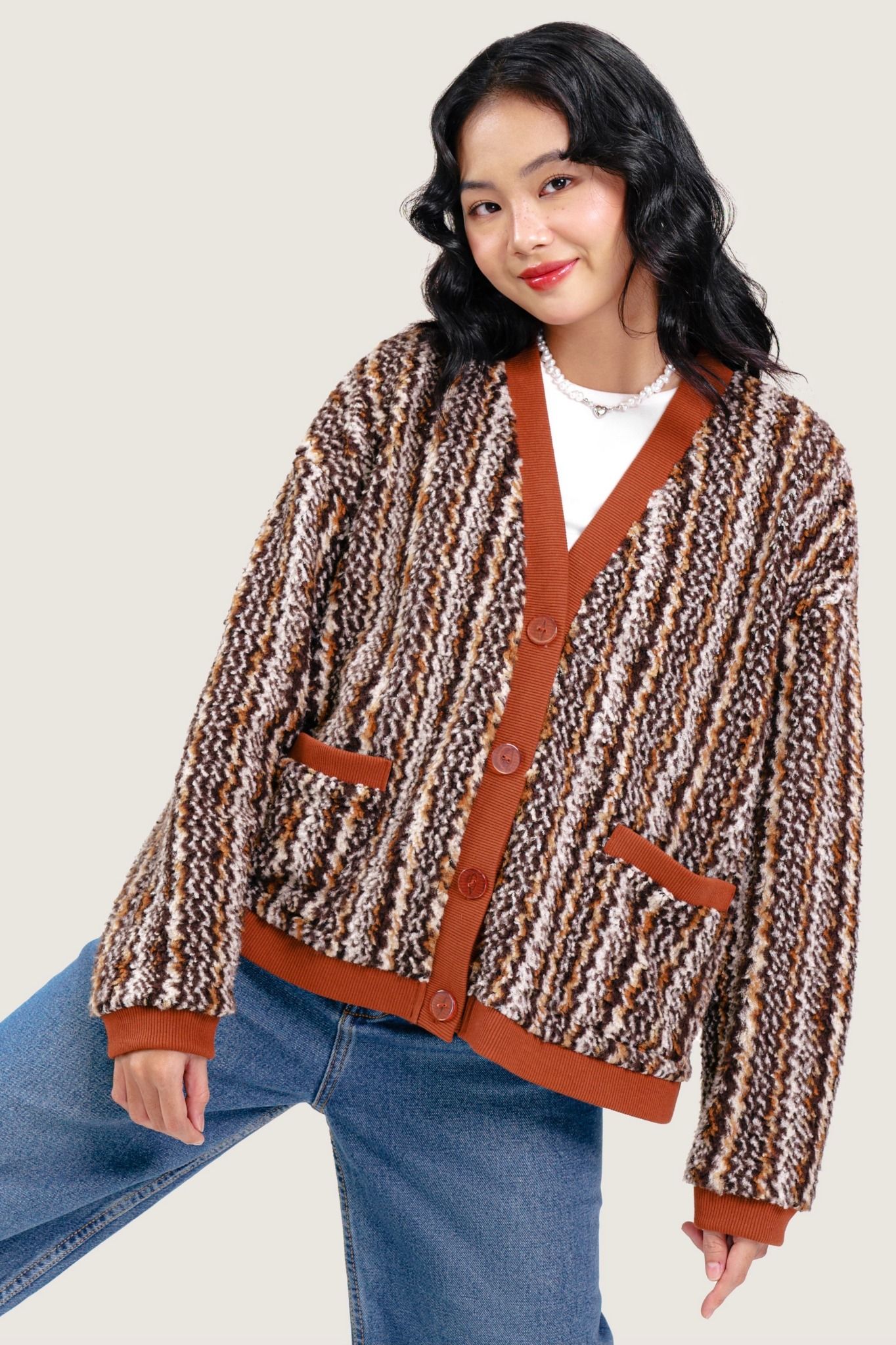  Multi Brown Faux Fur Cardigan Sweater 