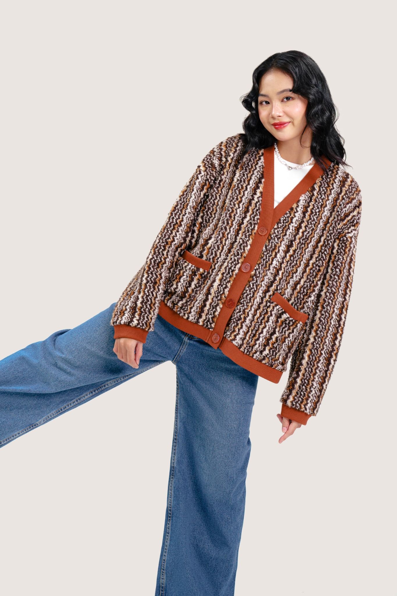  Multi Brown Faux Fur Cardigan Sweater 