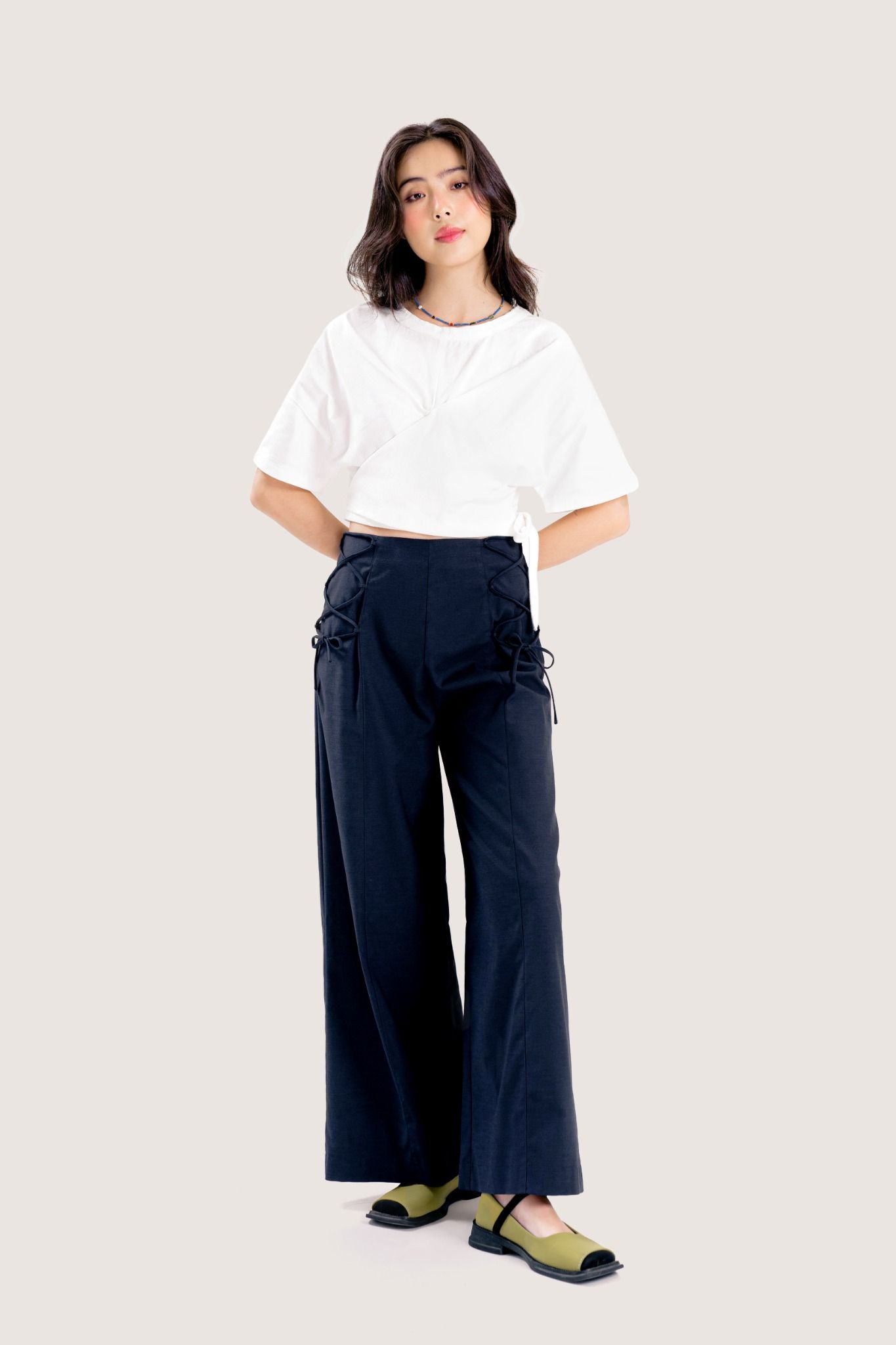  Navy Drawstring Straight Leg Trousers 