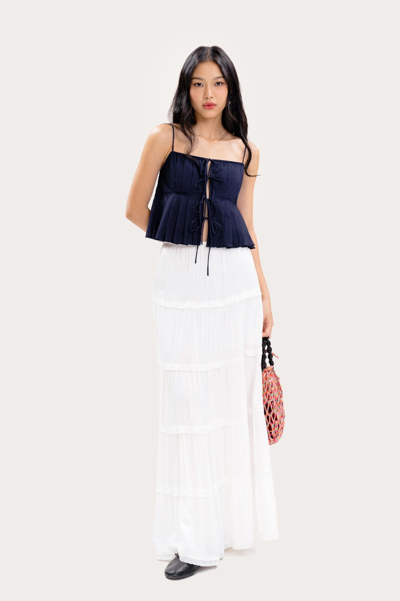  Navy Pleated Bow Tie Top 