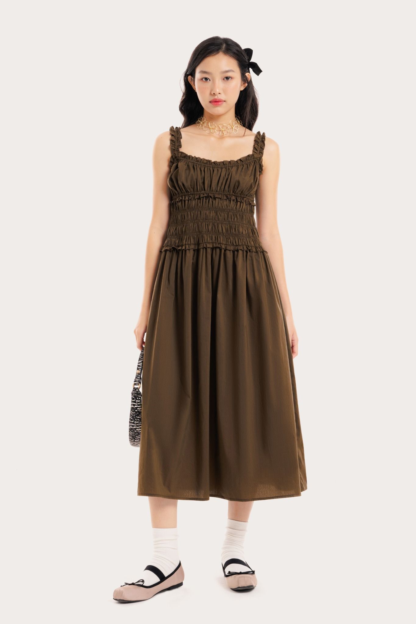  Olive Ruffle Ruched Midi Dress 