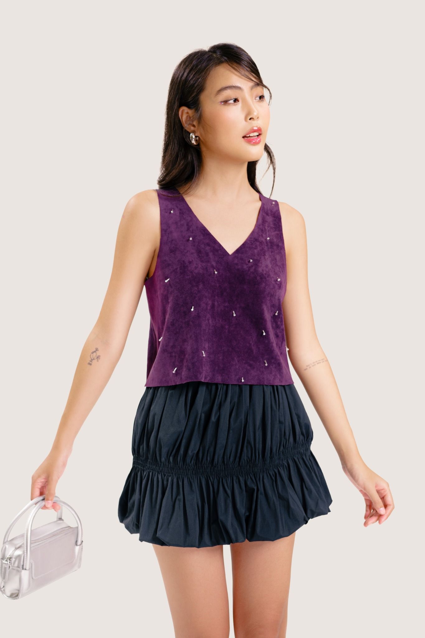 Purple Beaded Faux Suede Tank Top