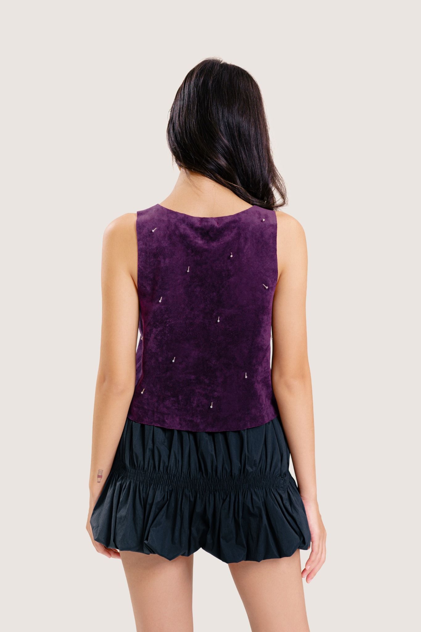 Purple Beaded Faux Suede Tank Top