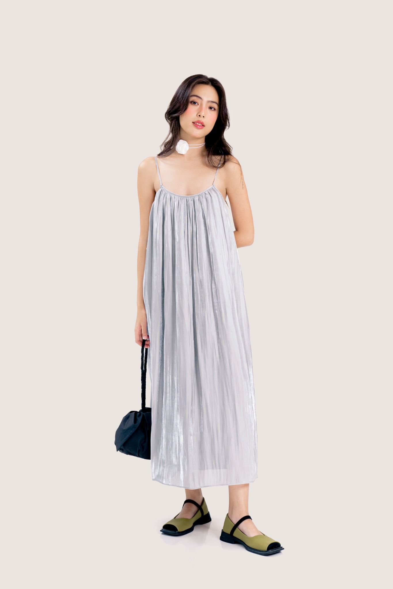  Silver Flowy Organza Strappy Midi Dress 