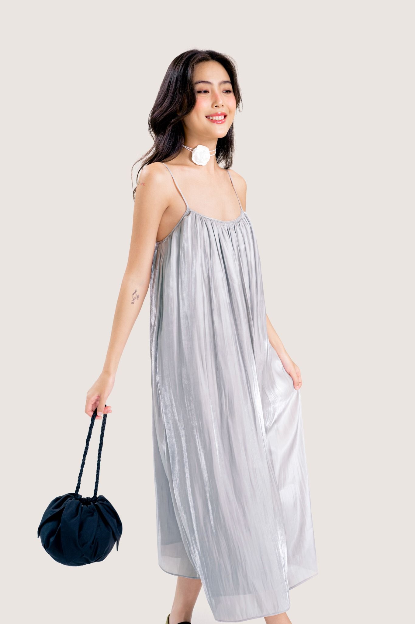  Silver Flowy Organza Strappy Midi Dress 